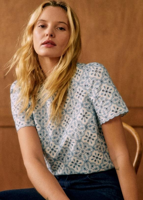 Sezane Annabelle Blouse, Contrasted Embroidery Ecru Vintage Blue, Sz 4, NWT