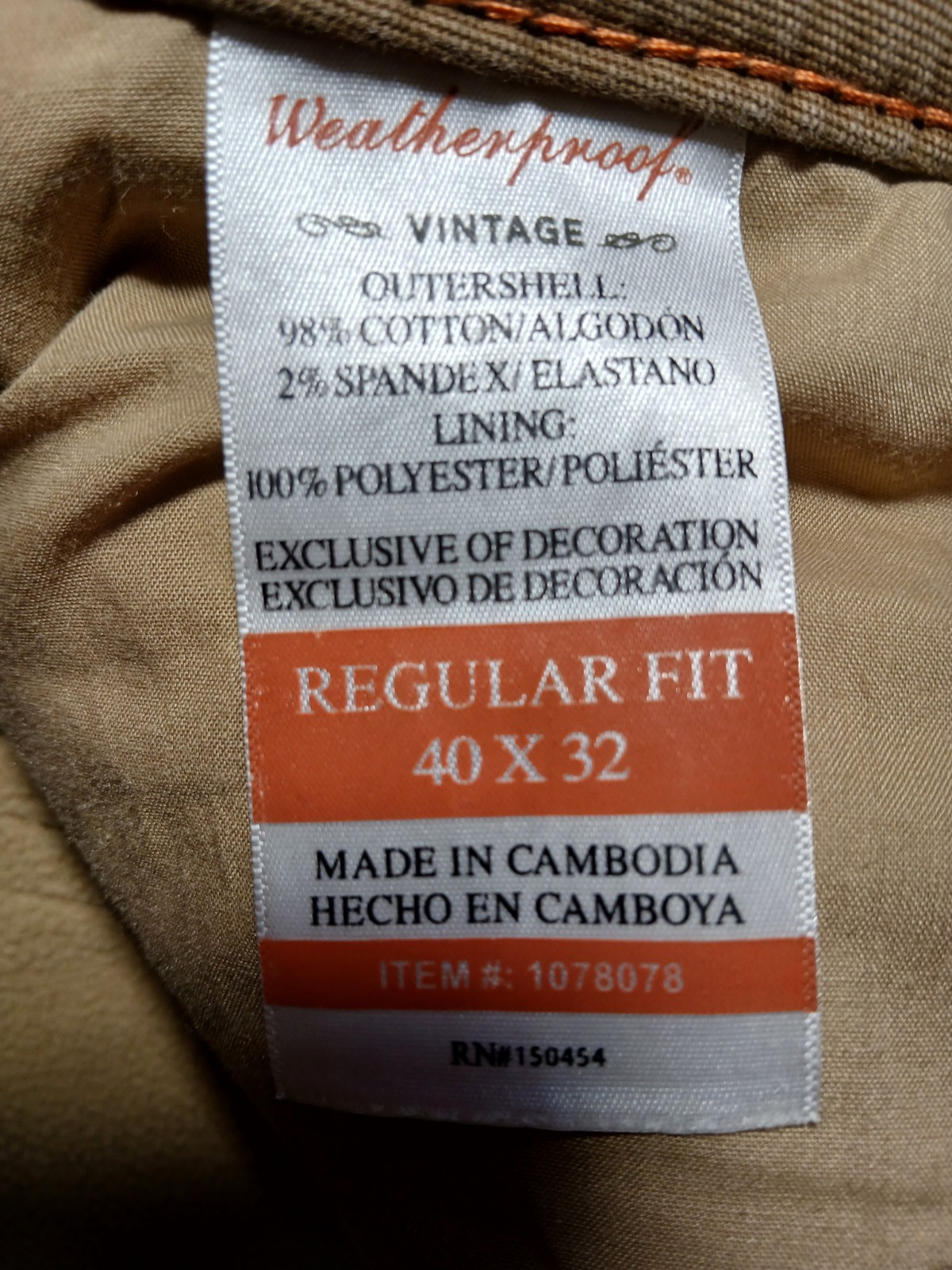 Weatherproof Vintage Men’s Regular Fit Brown Stretch Canvas Pants 40W Straight