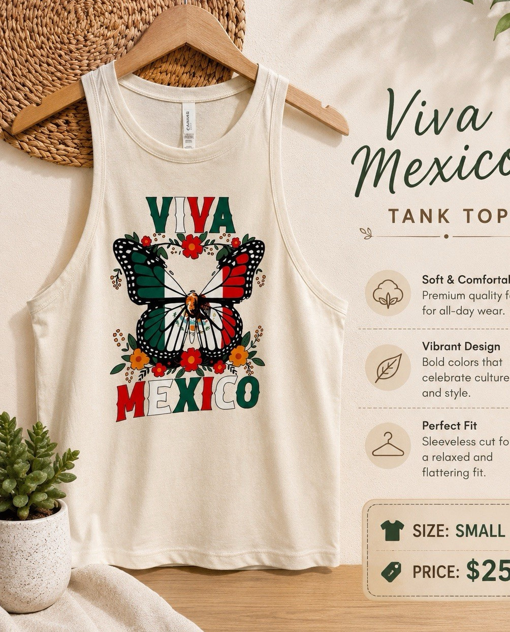 Viva Mexico Butterfly Graphic Print Beige Cotton Knit Sleeveless Tank Top S
