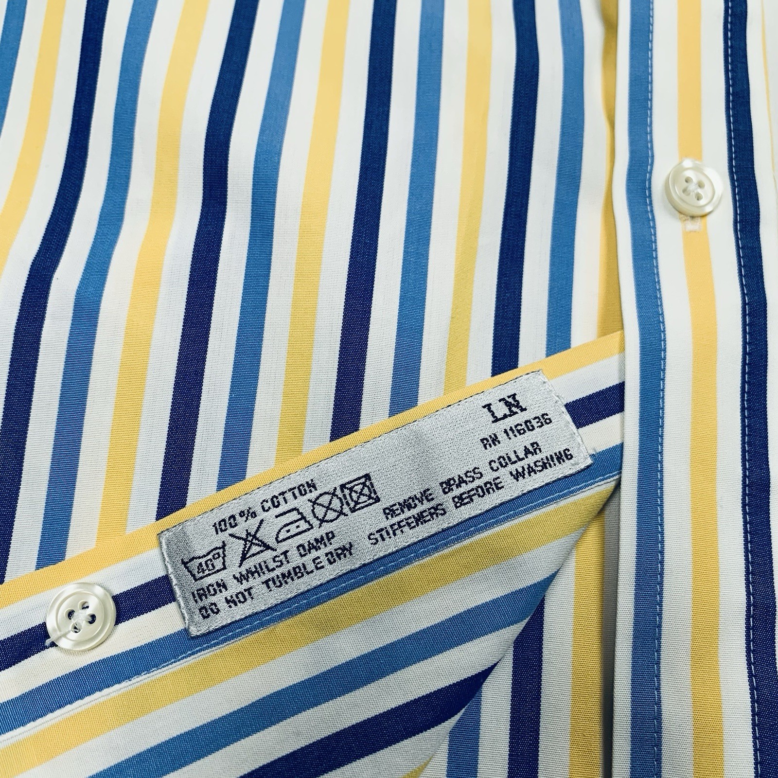 Charles Tyrwhitt Shirt Men 16.5 34 Blue Yellow Striped Poplin LS Dress Button Up