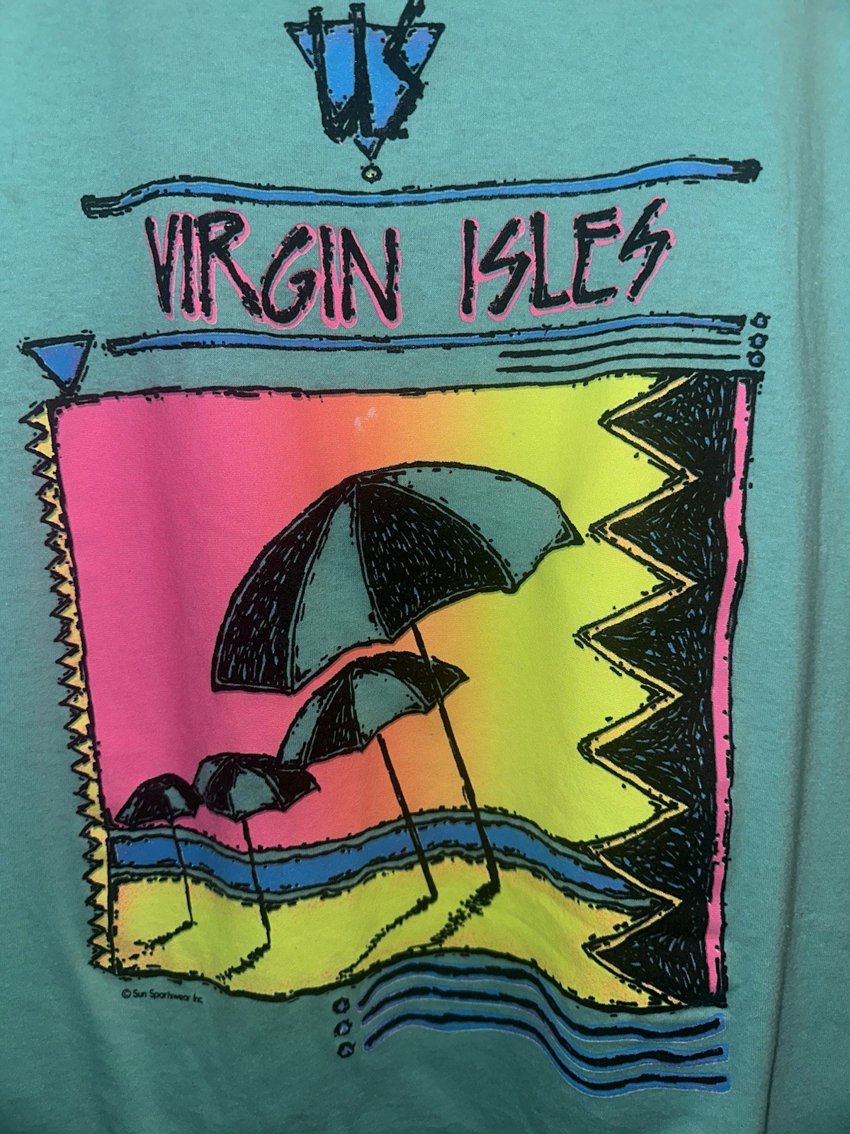 VTG 90s Sun Sportswear Beach Tank top Sz M Virgin Isles Muscle Shirt Aqua Green