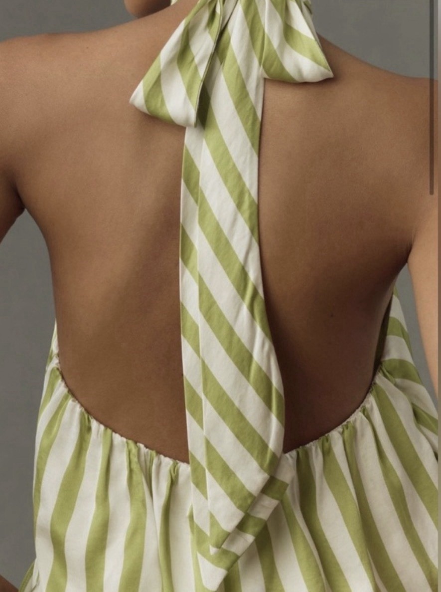 Maeve Green/White Striped Satin Viscose Halter Backless Tie-Back Top XS