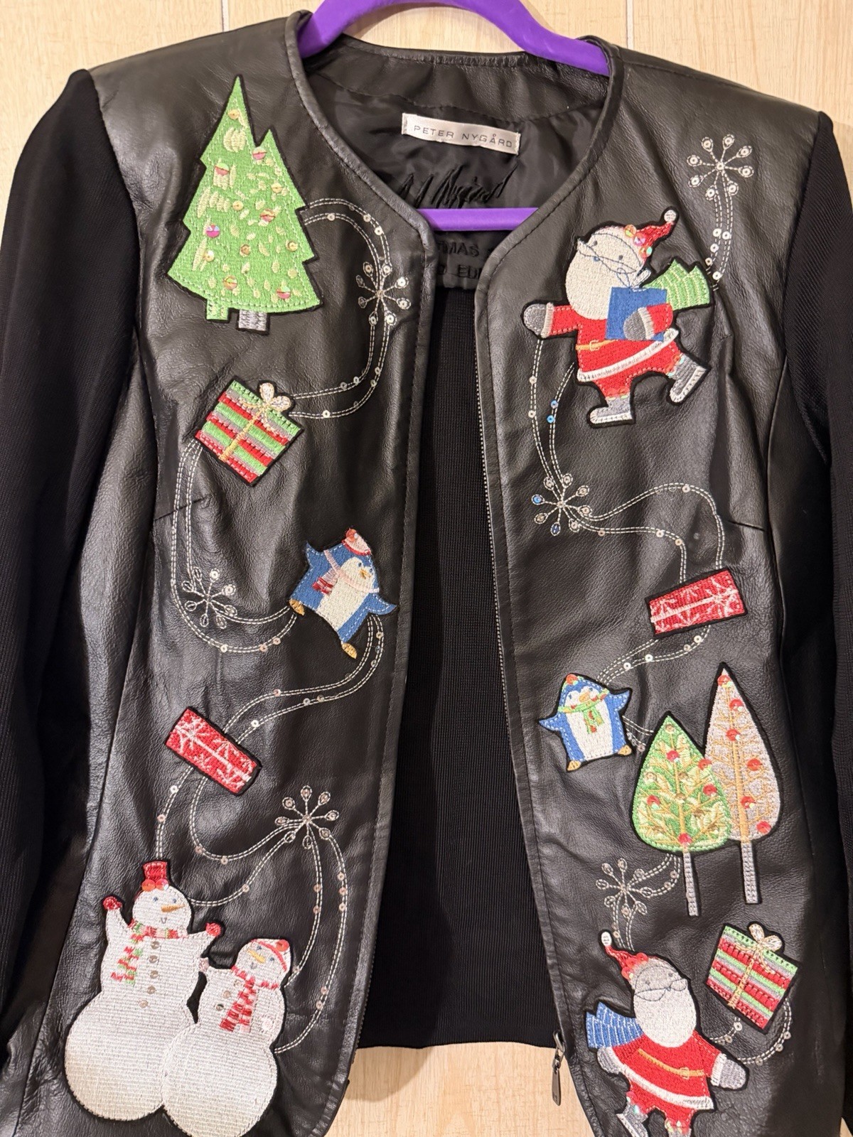 Peter Nygard Petite PM Black Leather Christmas Zip Jacket Limited Edition 2011