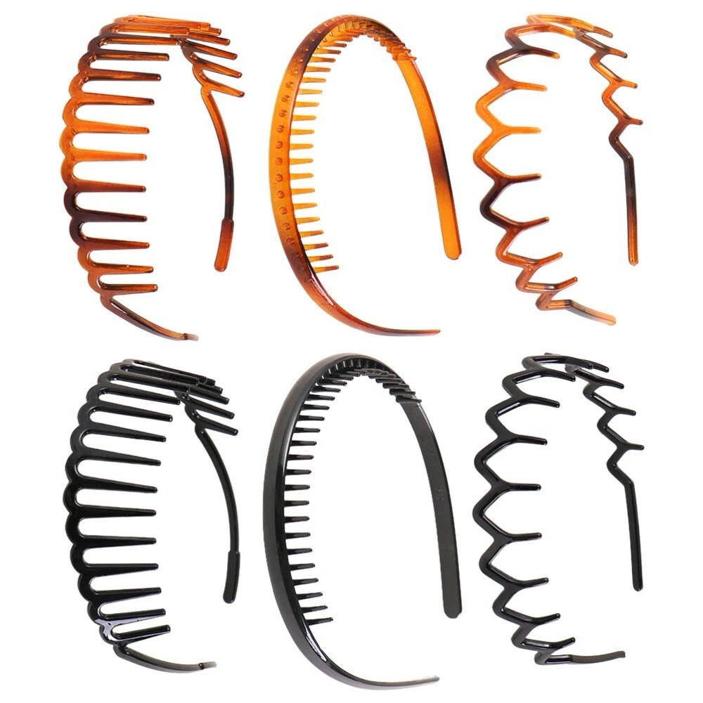 Plastic Teeth Headband Set Black & Brown Solid Curved Hair Accessory