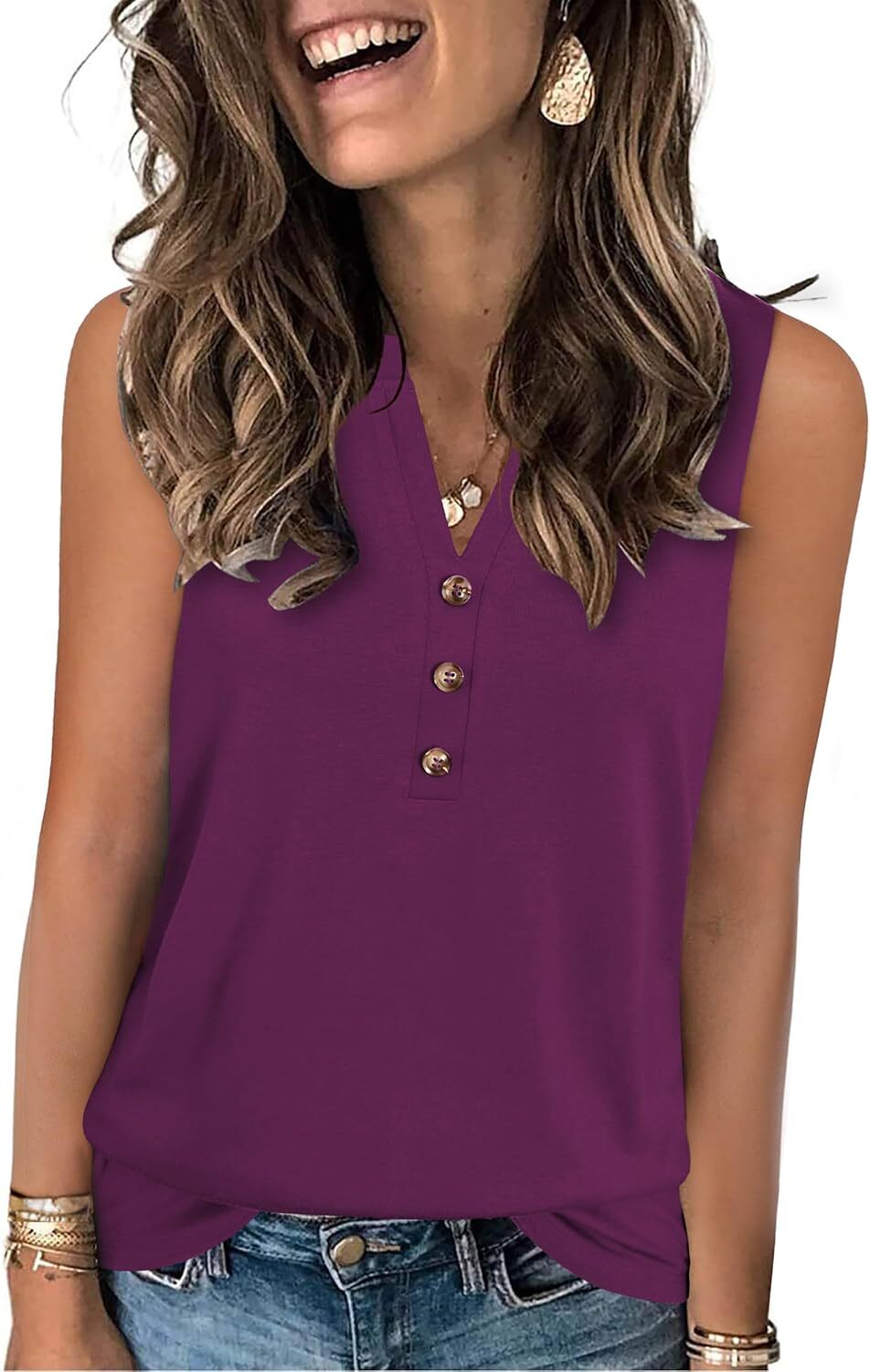 Womens Summer V Neck Tank Top Sleeveless Loose Fit Lightweight Casual Blouse