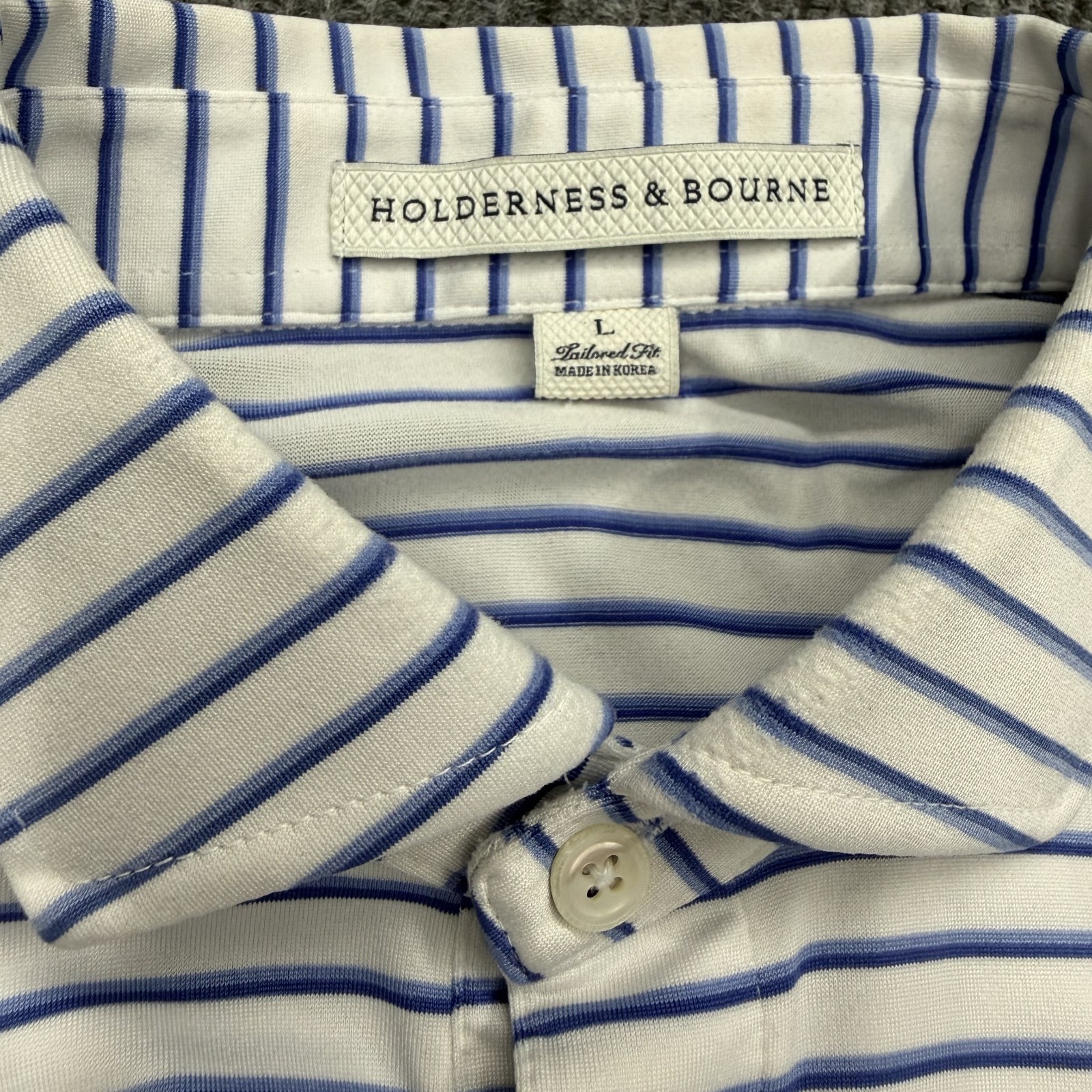 Holderness & Bourne The Sutton Surfside Polo Shirt Mens L White Blue Stripe Golf