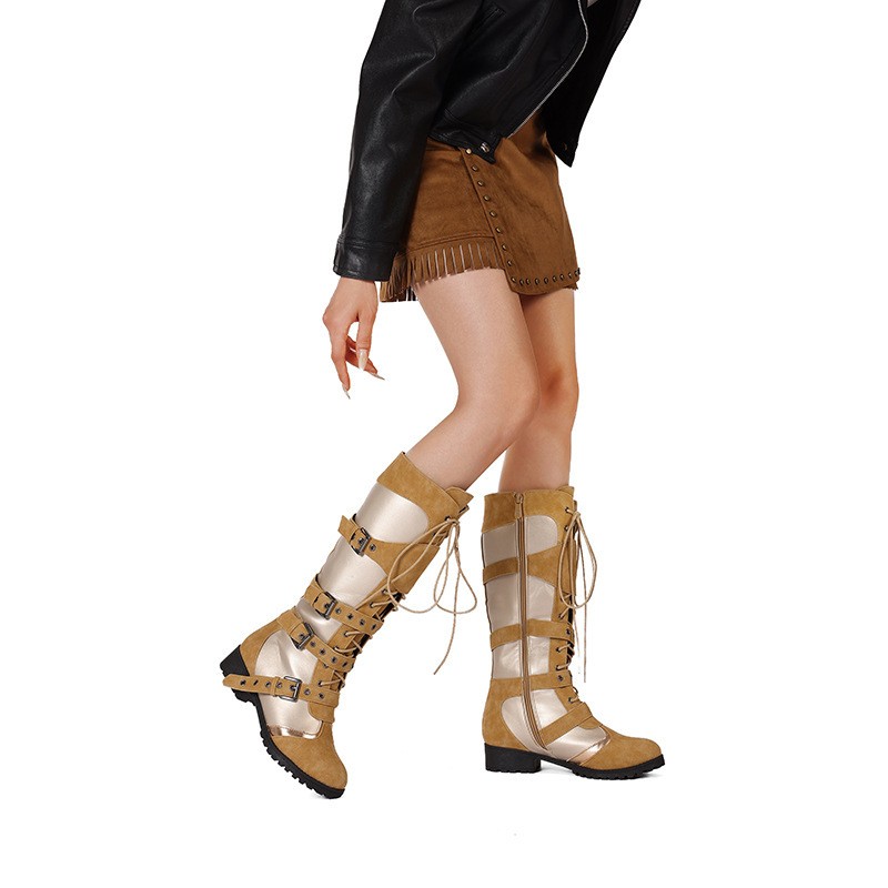2026 Belt Buckle Round Toe Side Zipper Women’s Motorcycle Mid Calf Knight Boots