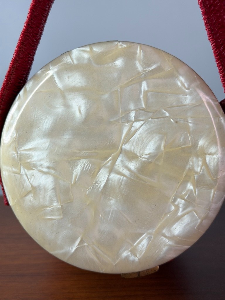 Vintage 1950s red round box purse, vinyl mirror Lin-Bren handbag cylinder small