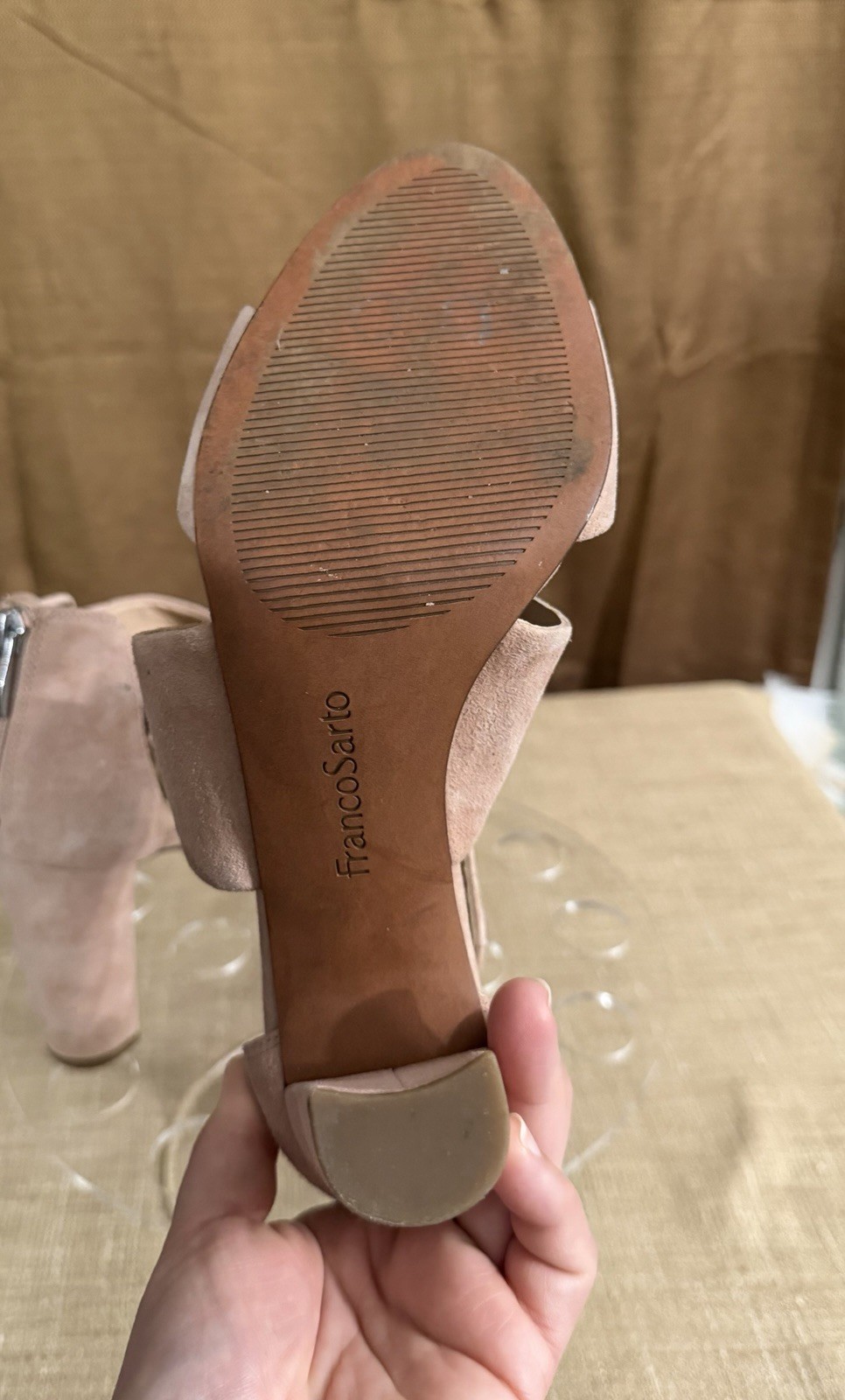 Franco Sarto Beige Leather Strappy Block Heel Sandals Women’s 7.5M Ankle Strap