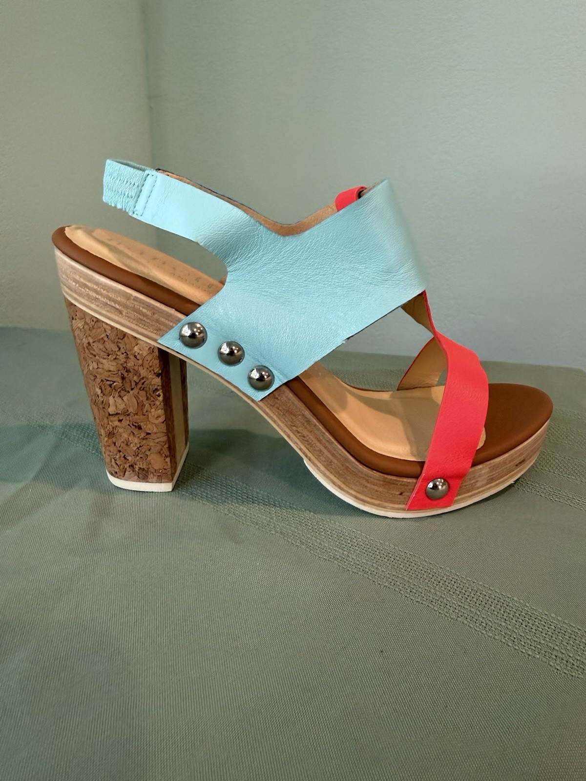 Nanette Lepore Blue/Orange Leather Strappy Studded Open Toe Block Heel 10