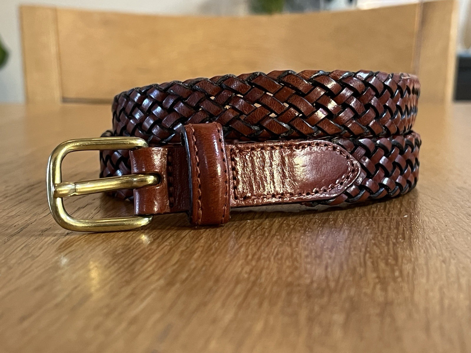 Lands’ End Brown Woven Leather Belt Size 26 Brass Buckle Braided Preppy Unisex