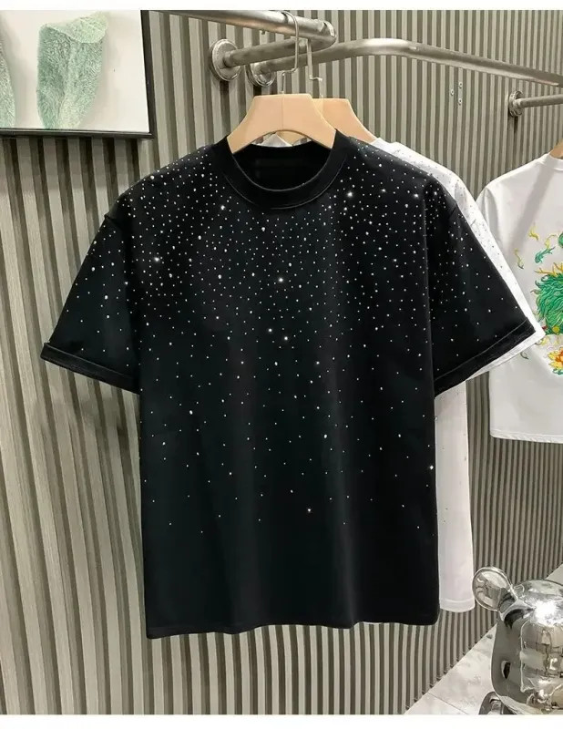 Summer Men Clothing Summer Rhinestone Rivet T-shirt Round Neck Casual T-shirt
