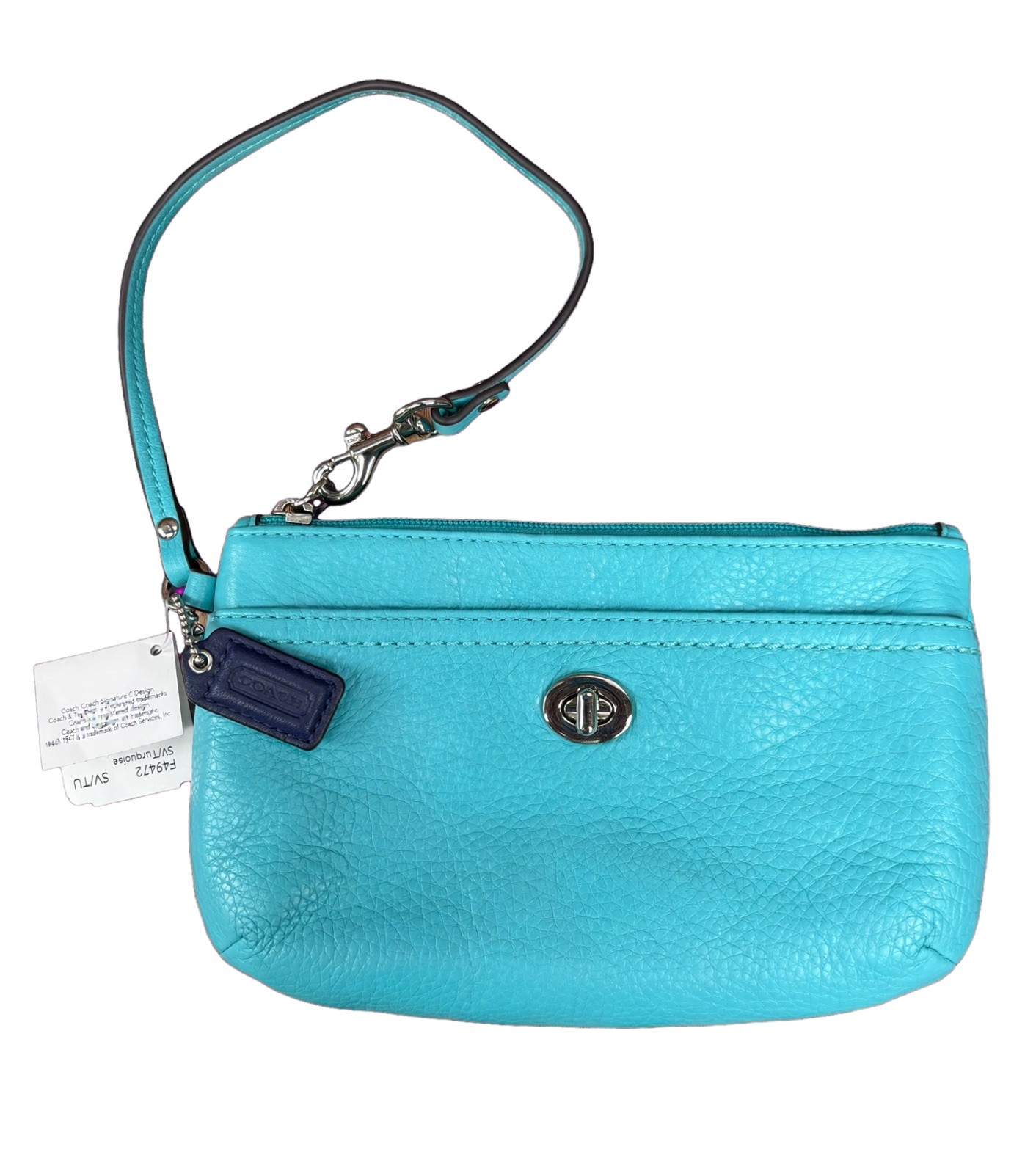 NWT Coach F49472 Park Leather Wristlet Turquoise Pebble Silver Turnlock