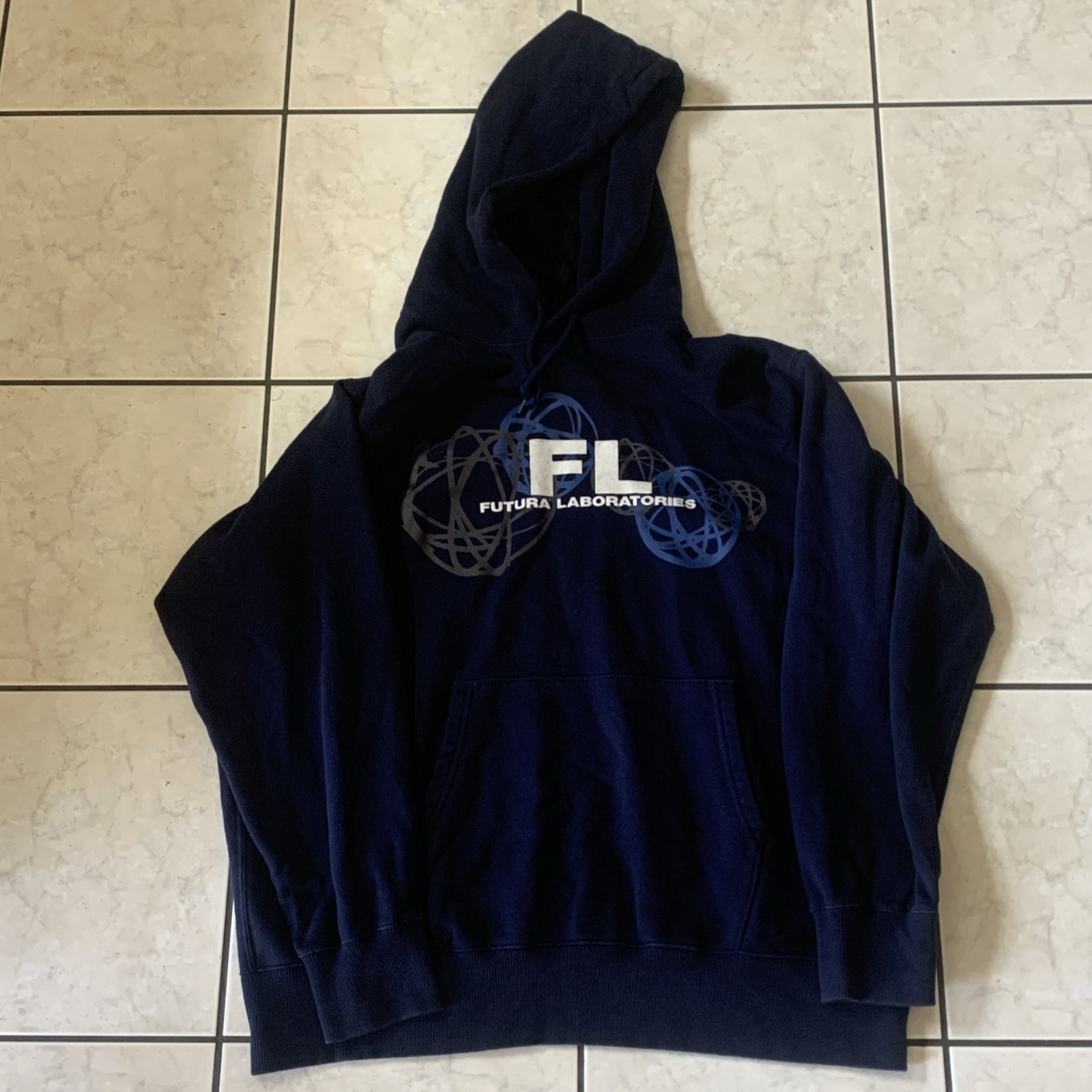 FUTURA Laboratories x Uniqlo Hoodie Sweatshirt Y2K US Size XXL NAVY BLUE