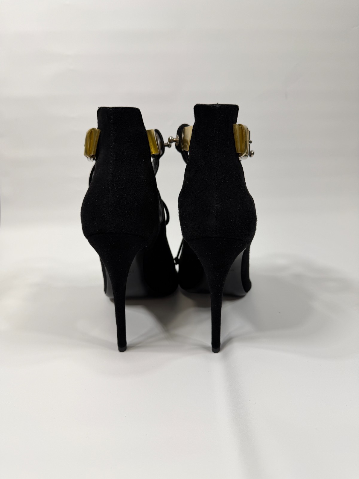 Giuseppe Zanotti x Anja Rubik Black Suede Lace Up Peep Toe Heels Gold Strap 37