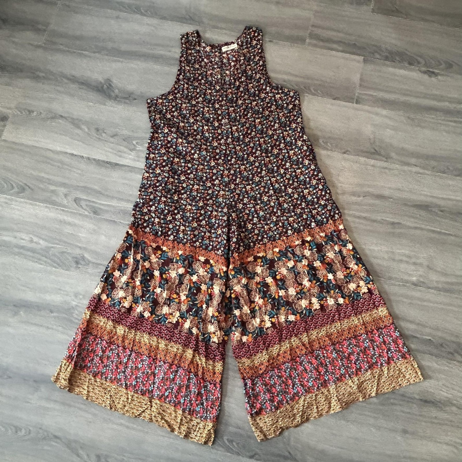Natural Life Jumpsuit Womens L/XL Patchwork Floral Sleeveless Wide Leg Boho