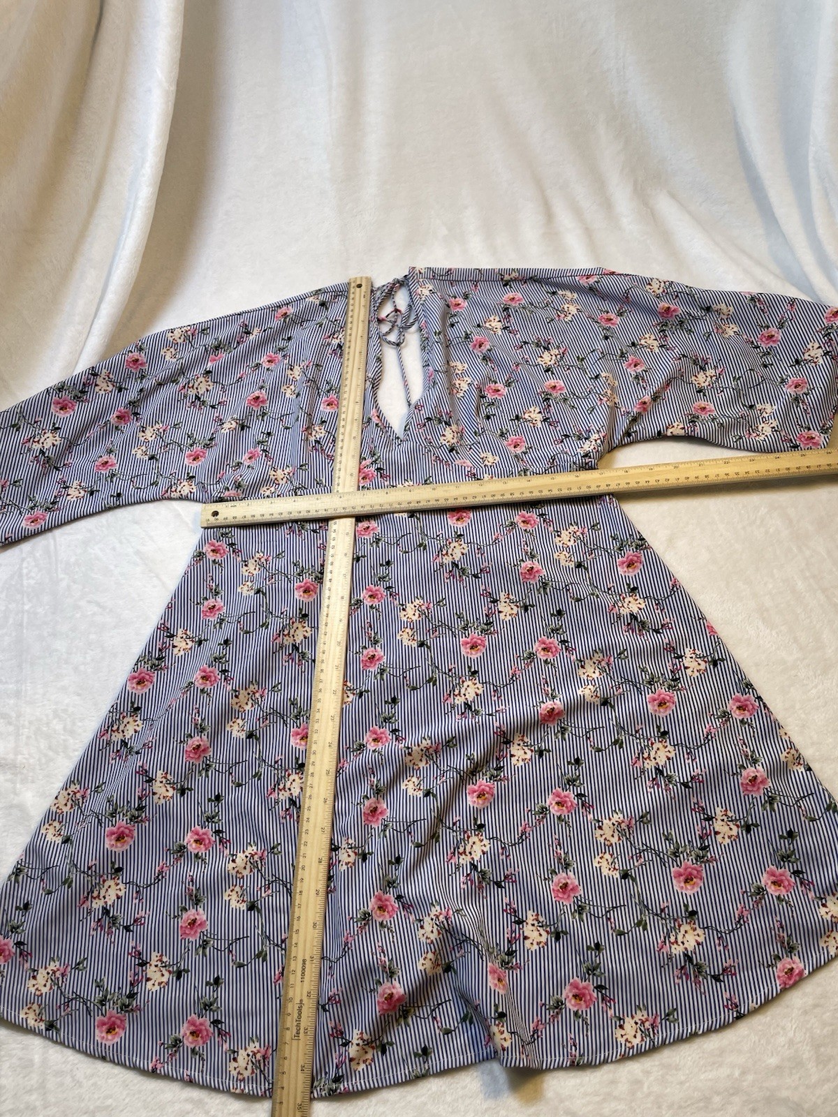 FairyCore Tresics Luxe L Pink Blue White Pin Stripe Dress Floral VNeck Back Tie