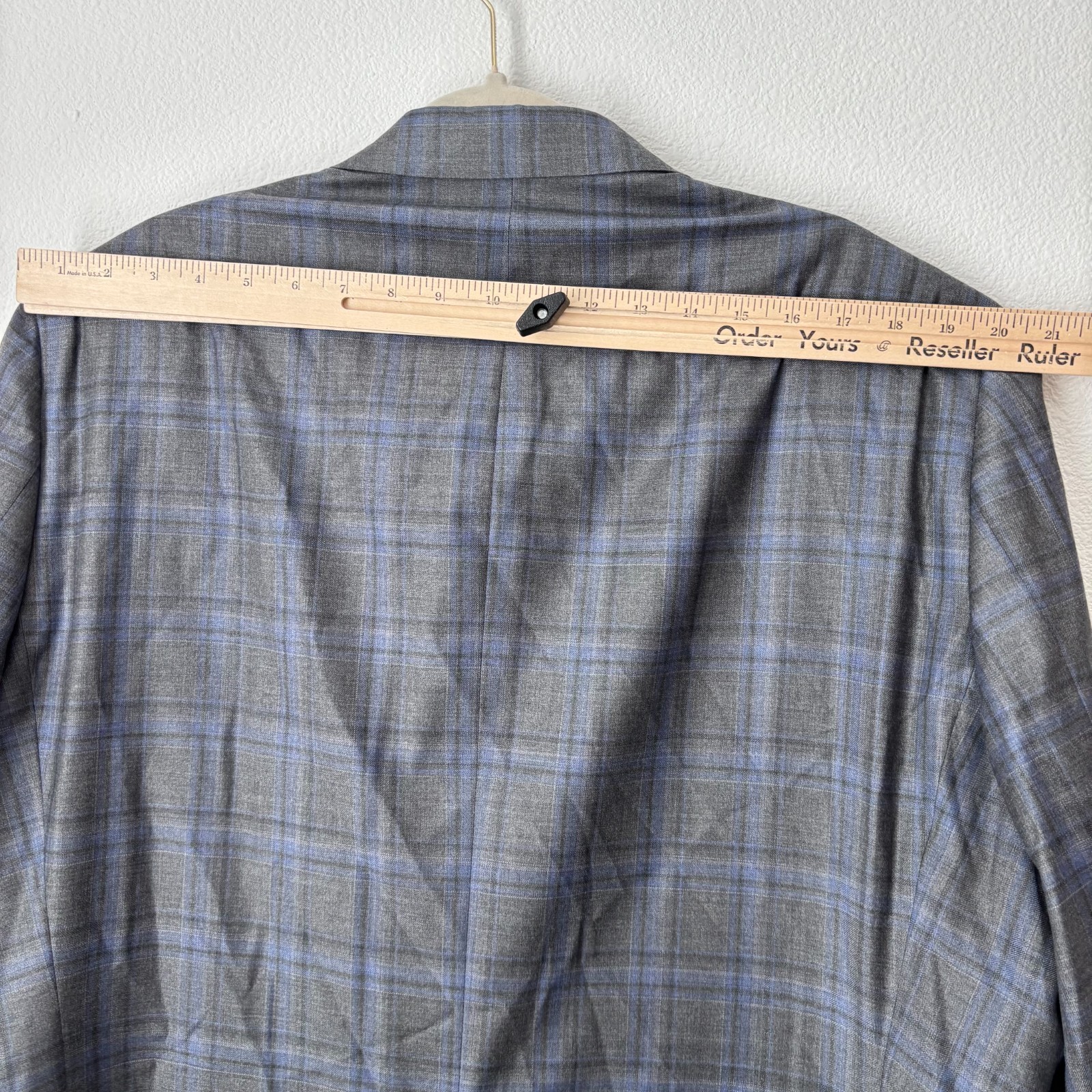 Hart Schaffner Marx Blazer Men’s 48R Gray Blue Plaid 2-Button Union Made in USA