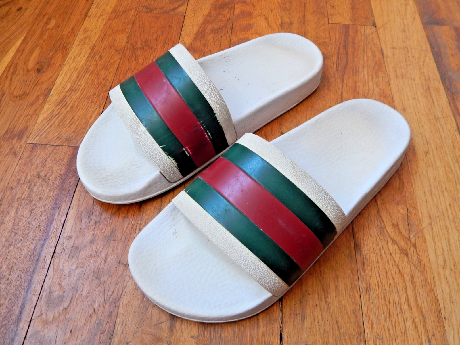 Gucci Men’s Pursuit 72 Web Stripe Slide Sandals White Made in Italy Mens 7.5