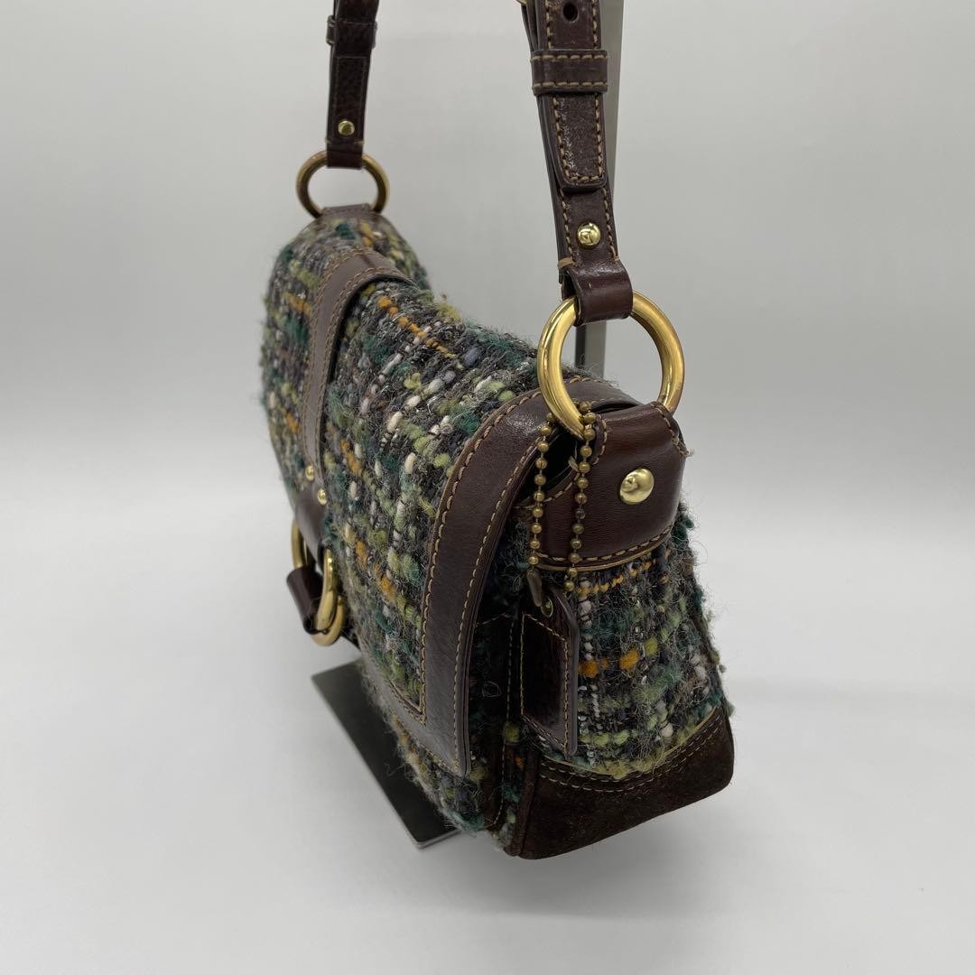 COACH 8F18 Shoulder Bag Handbag Wool Leather Suede Multicolor Brown Green Blue