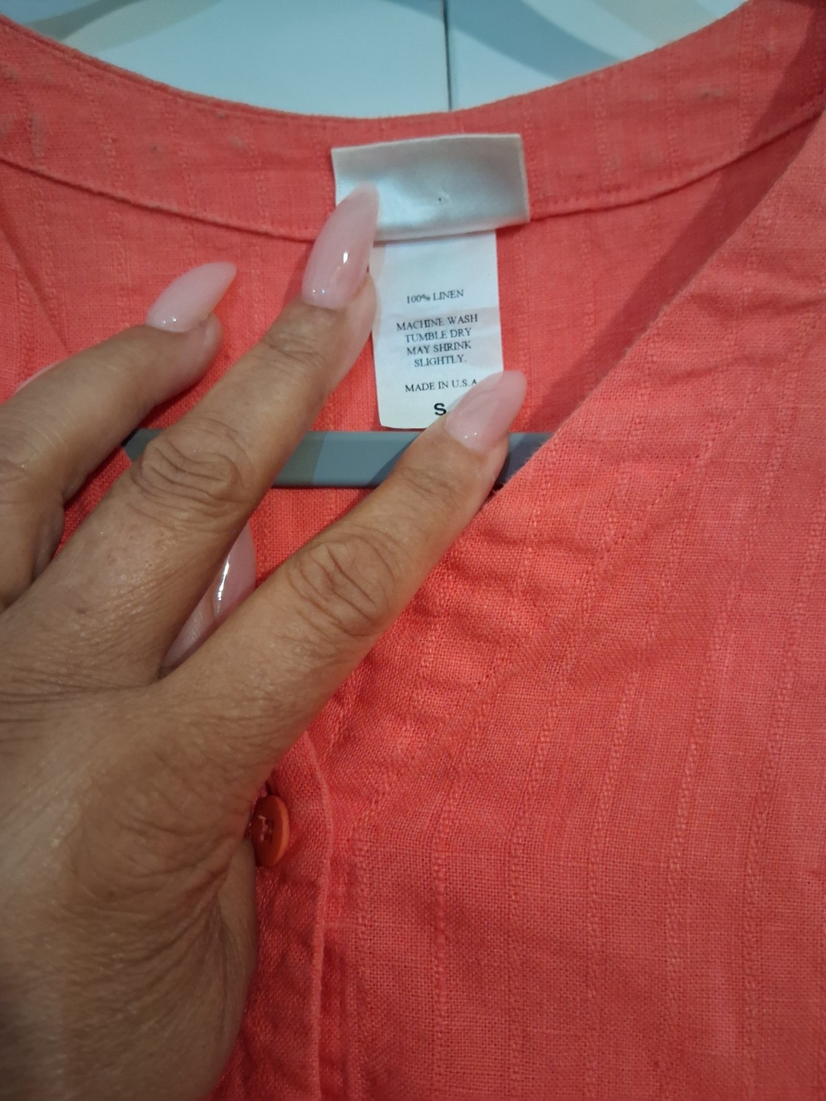 Eileen Fisher Orange Linen Woven Button Front Short Sleeve V-Neck Blouse S