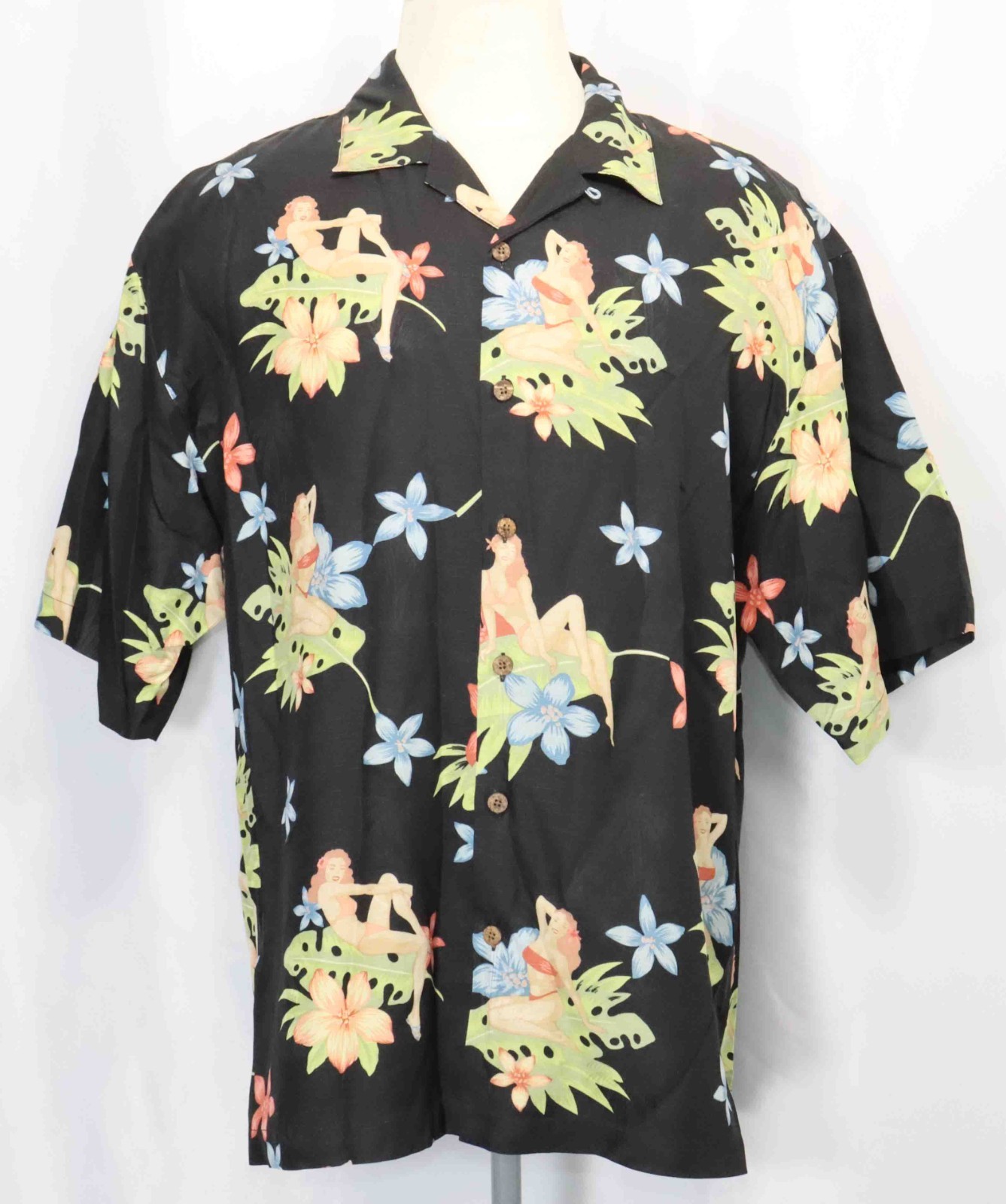 Tommy Bahama Silk Hawaiian Pineapple Bikini Pinup Girl Camp Shirt Mens Size XL