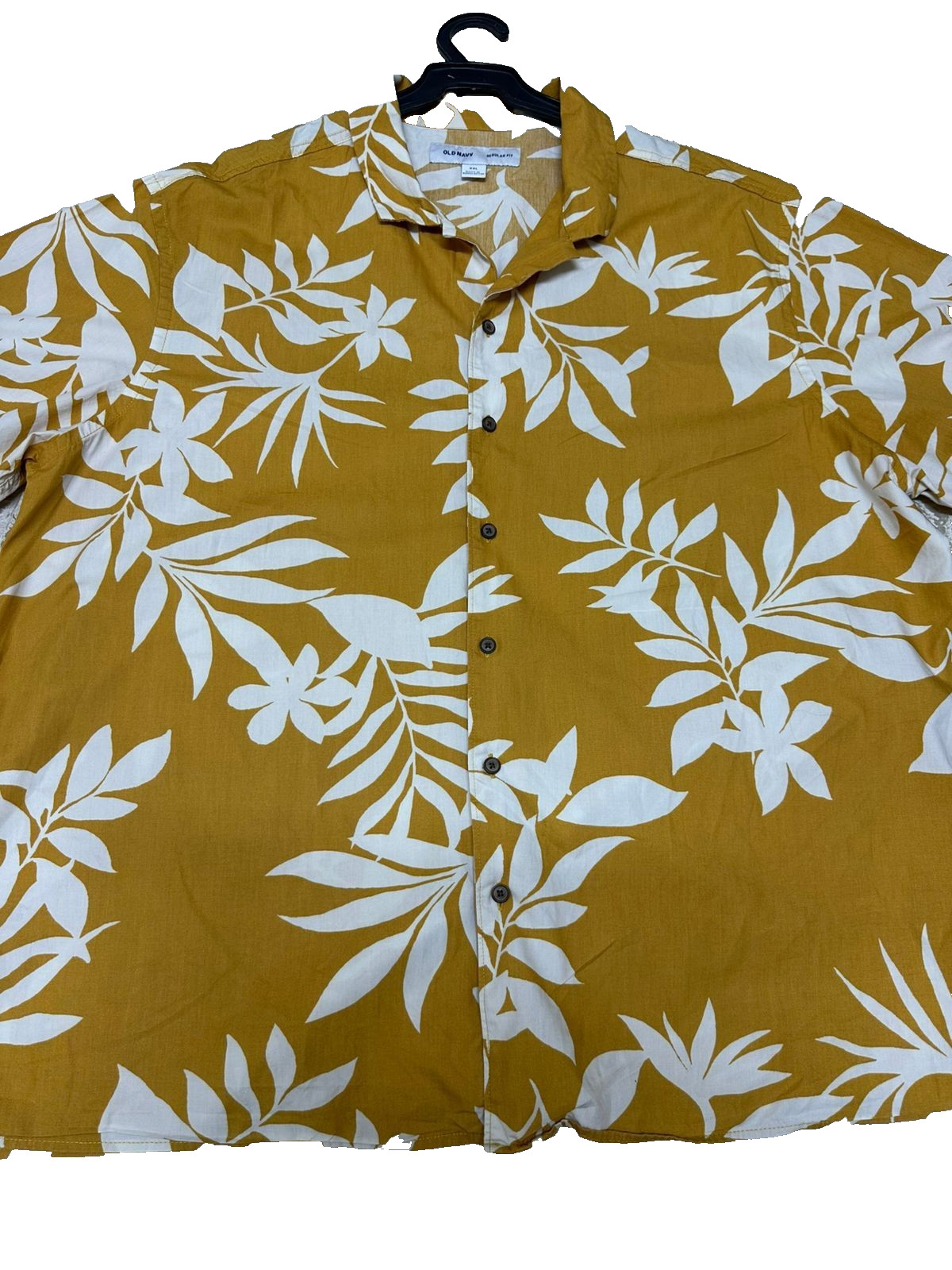 Old Navy Men XXL Tropical Leaf Print Short Sleeve Button Up Shirt Mustard Yellow