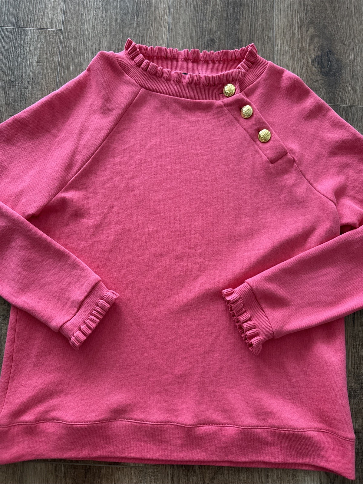 Talbots Medium M Pink Ruffle Trim Crewneck Sweatshirt Cotton Button Accent A3