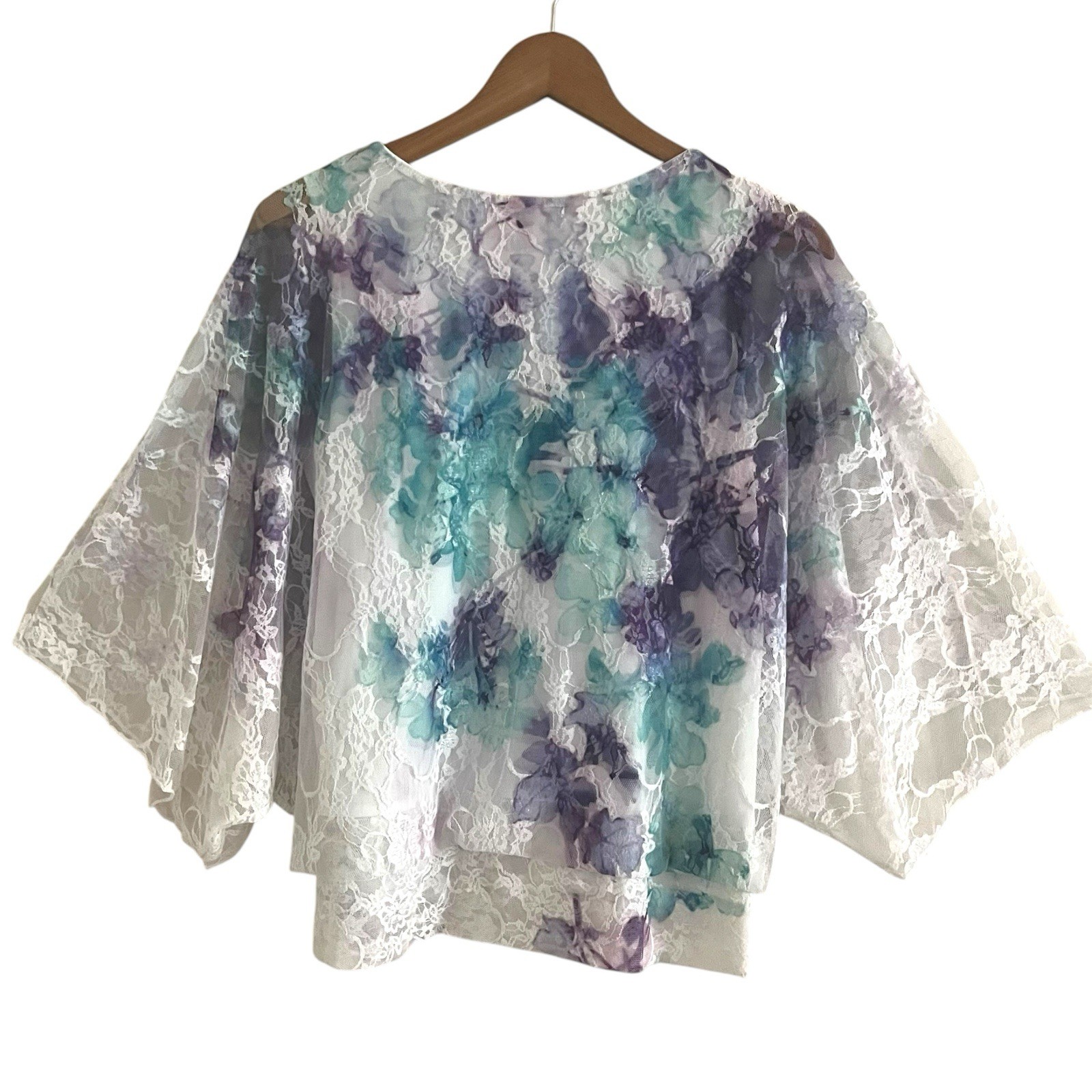 Roz & Ali Purple White Lace Batwing Top M Fairy Boho Indie Festival