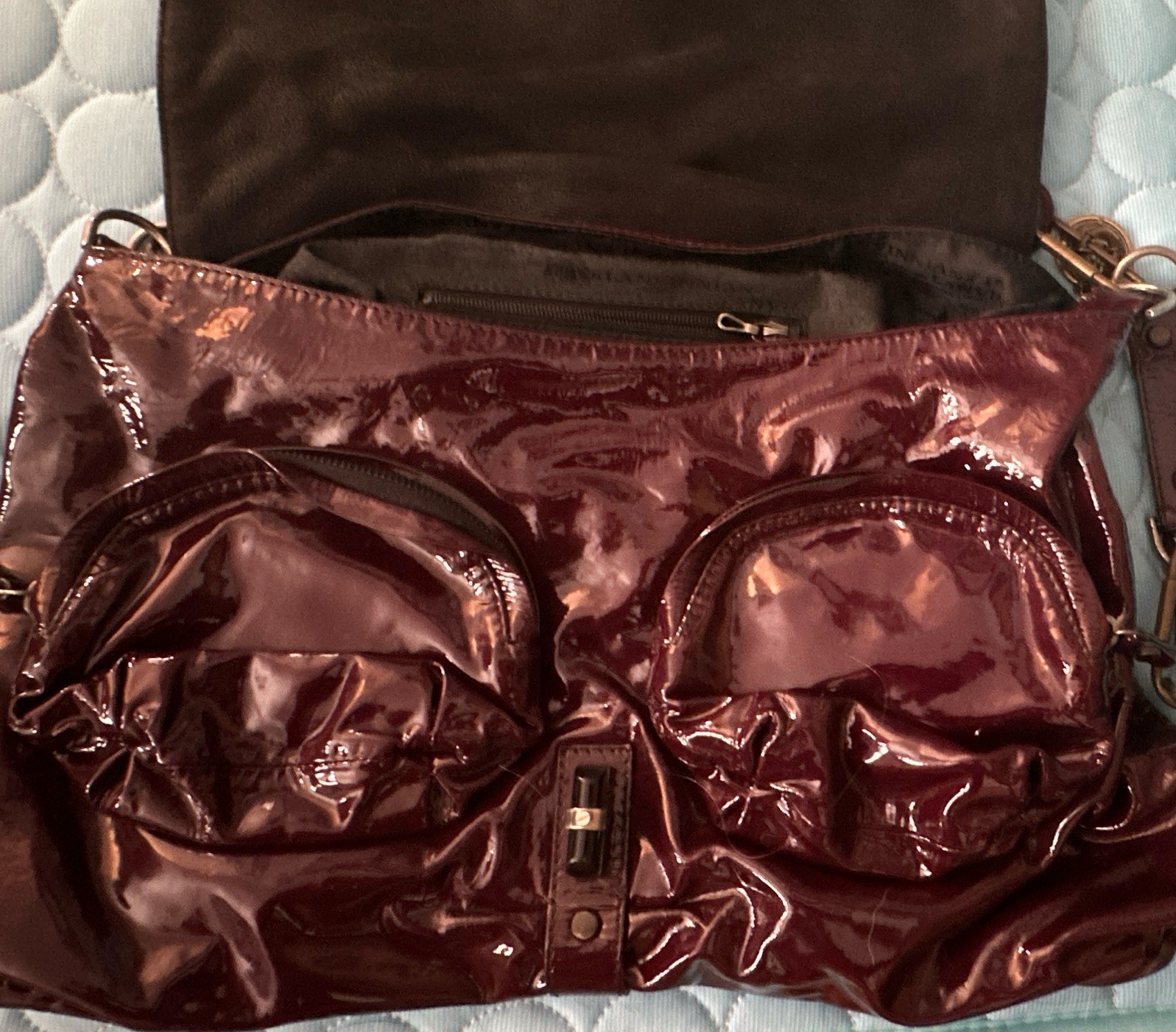 Lanvin Burgundy Shoulder Bag Medallion Charm Push Lock Zip Gold Hardware