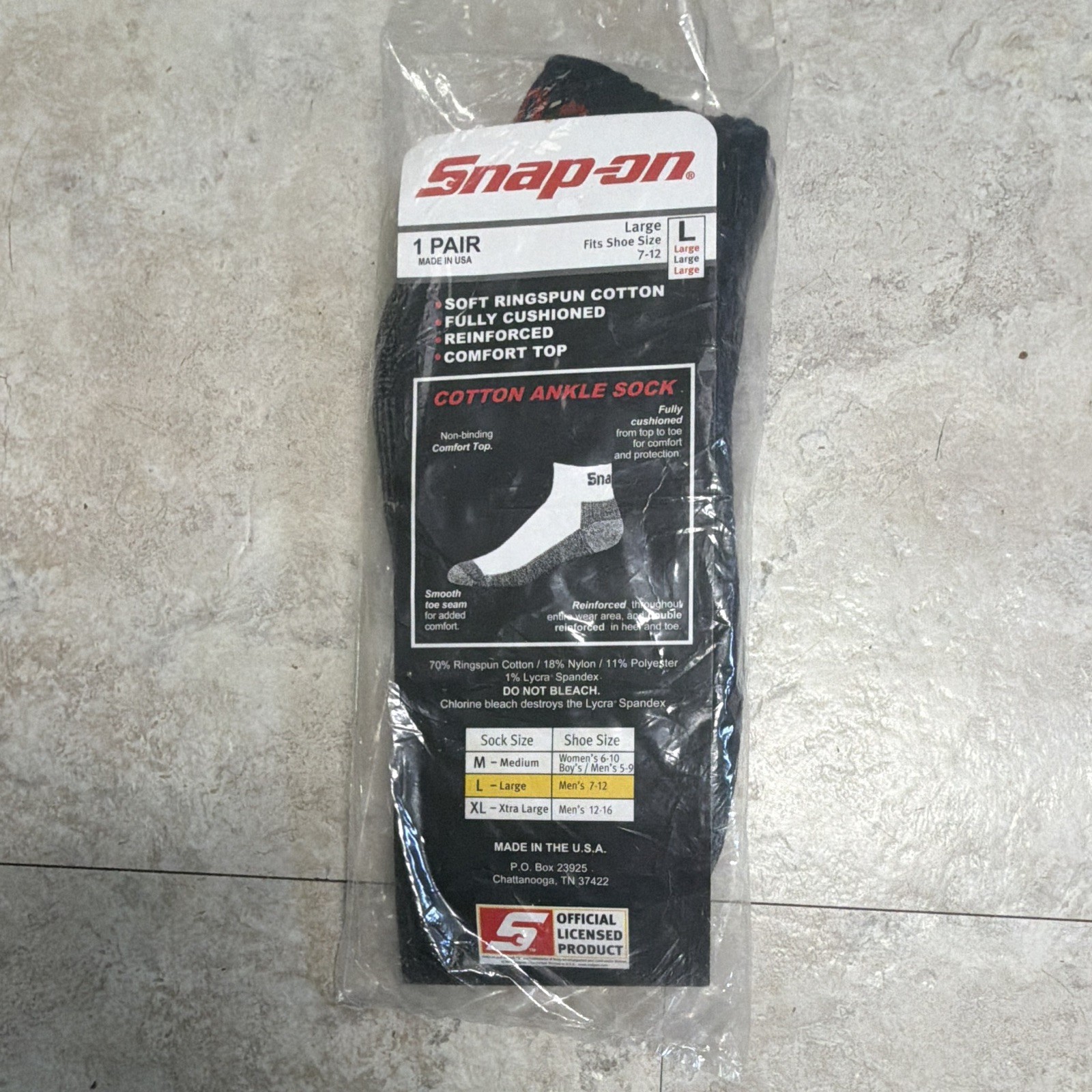 Snap-on Men’s Cushioned Reinforced Ankle Socks Black Cotton Blend L 1 Pair