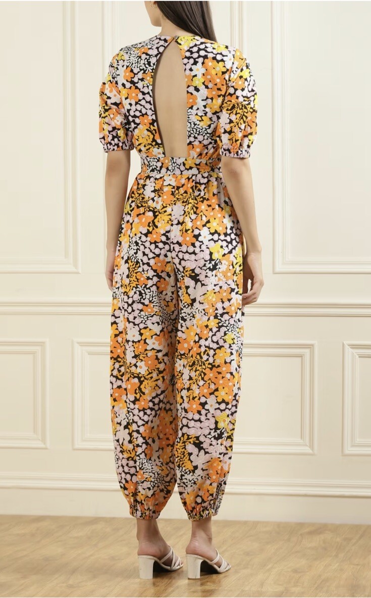£220 TED BAKER YILENA BALLOON LEG JUMPSUIT WITH OPEN BACK YELLOW/MULTI Sz 0 6 8