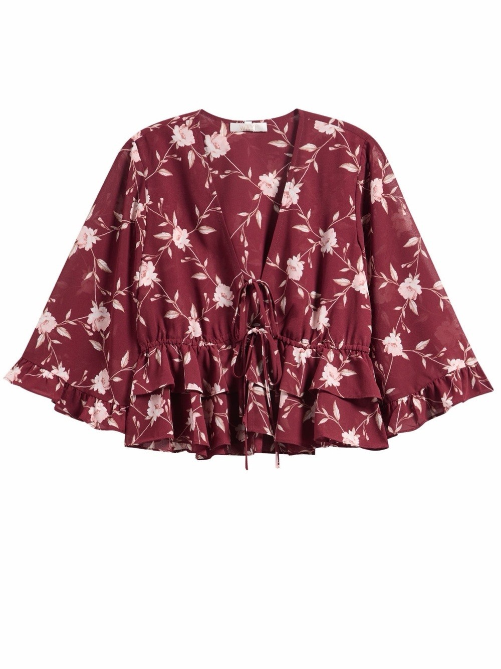 WAYF Free Spirit Floral Ruffle Top XS Burgundy Boho Romantic