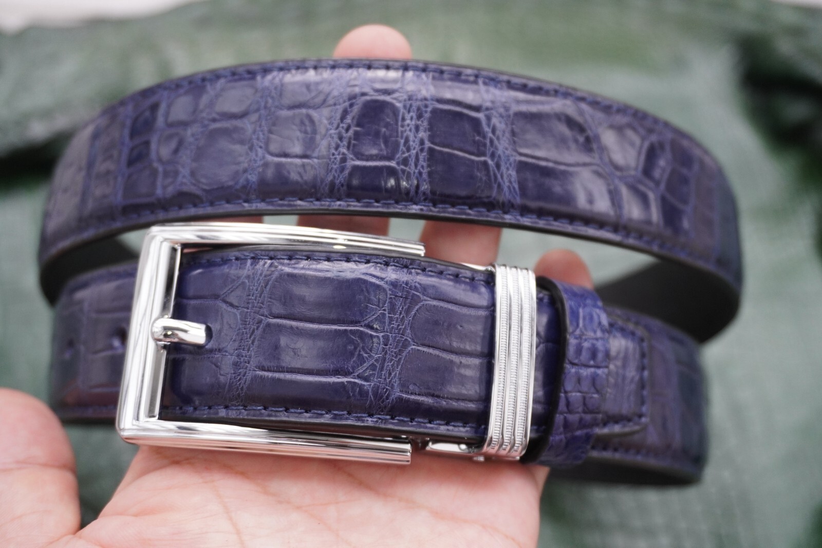 W1.3 inch Blue Real Crocodile Belly Leather Skin Men’s Belt Pin Buckle #L30