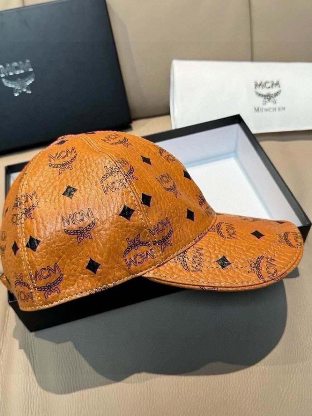 MCM Cognac Visetos Leather Baseball Cap Black Studs Adjustable