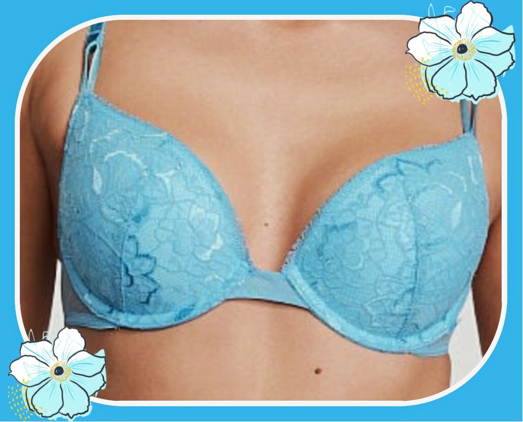 38D Sky Blue Floral Lace Mesh Extreme Lift Victorias Secret Plunge PU UW Bra