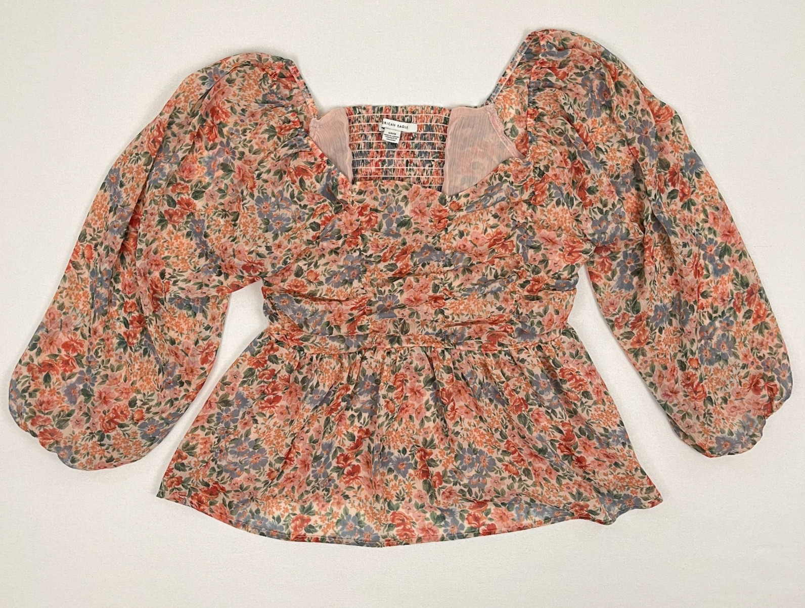 American Eagle Blouse Womens S Multi Floral Chiffon Ruched Babydoll Peasant Boho