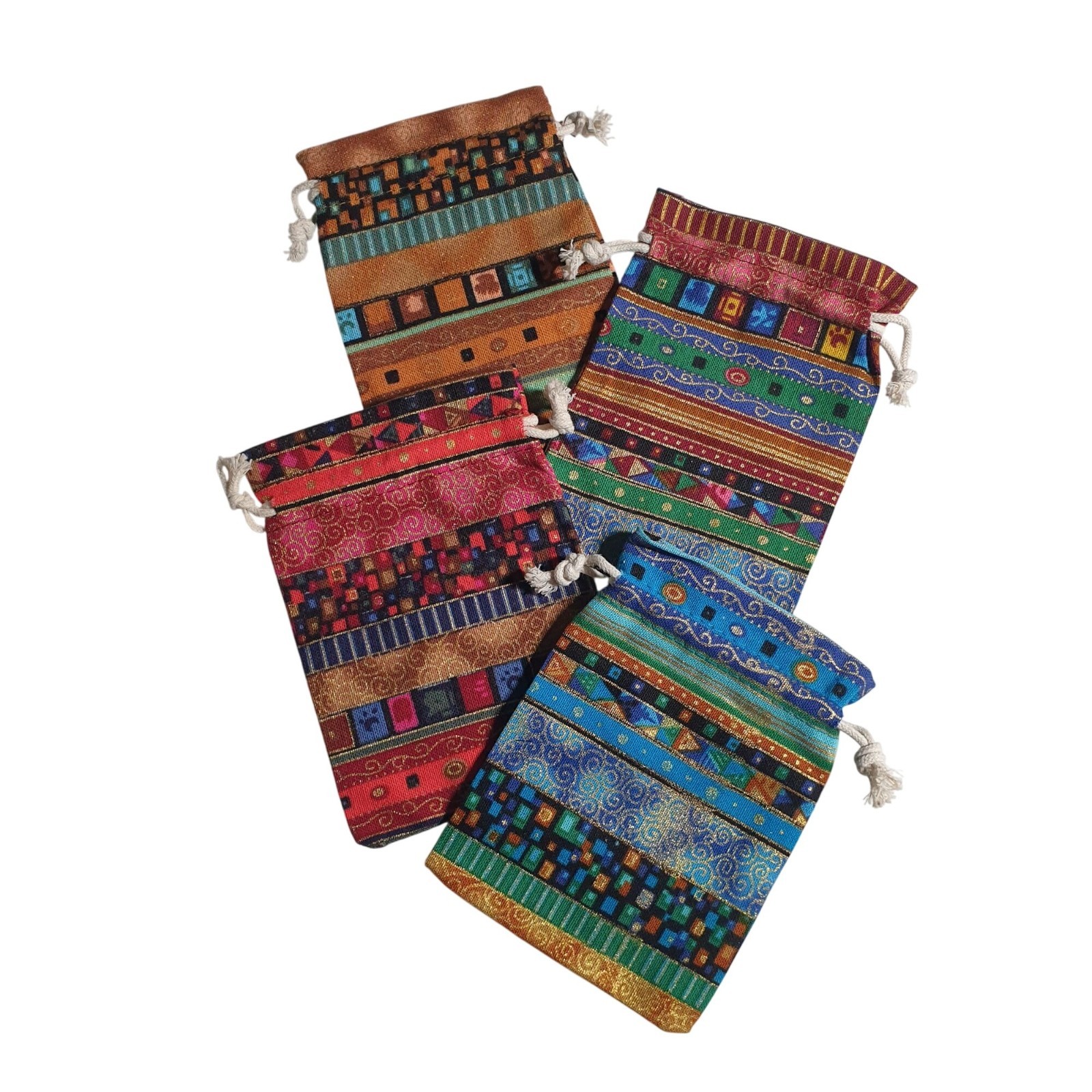 Decorative Drawstring Pouch Set Multicolor Woven Fabric Boho Assorted Patterns