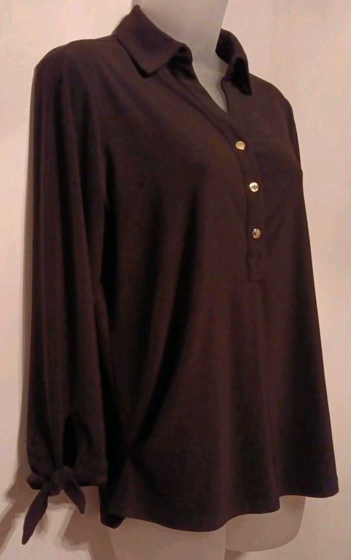 Anne Klein Black Top Stretch Small Collar 3/4 Tie Sleeves 3 Button Placket EUC