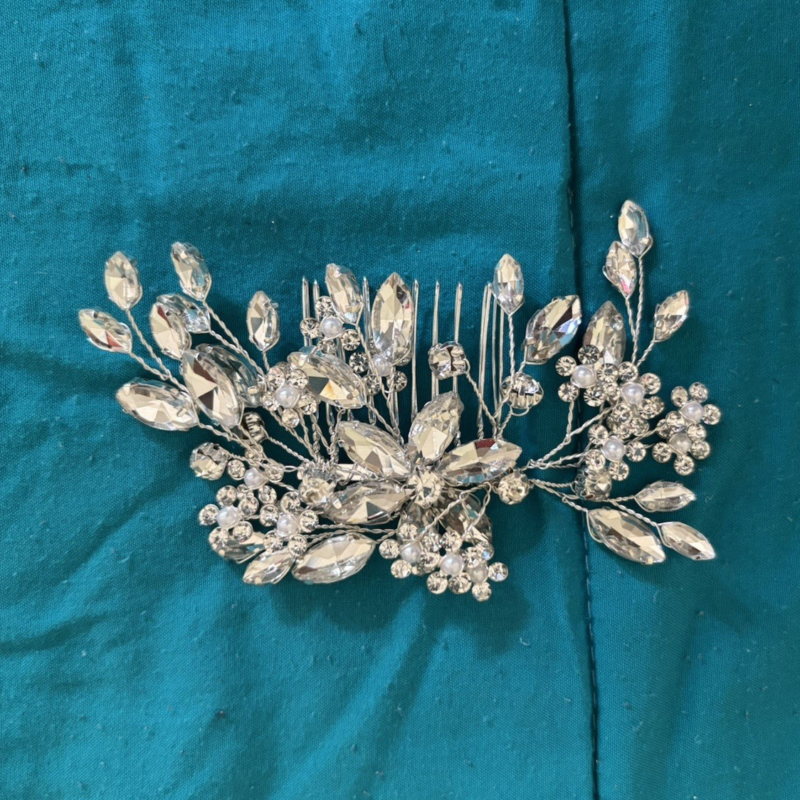 Silver Clear Rhinestone Floral Flower Wedding Hair Comb Metal Glass Decorative