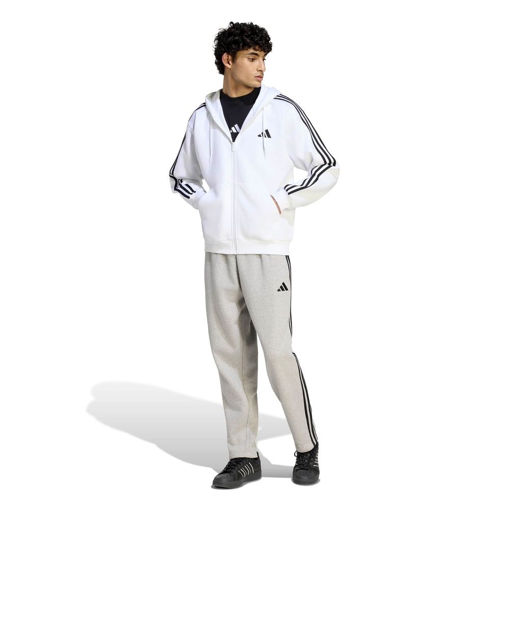 Hoodie Jacket MENS Adidas White Essentials 3-Stripes FLEECE Full Zip Cotton