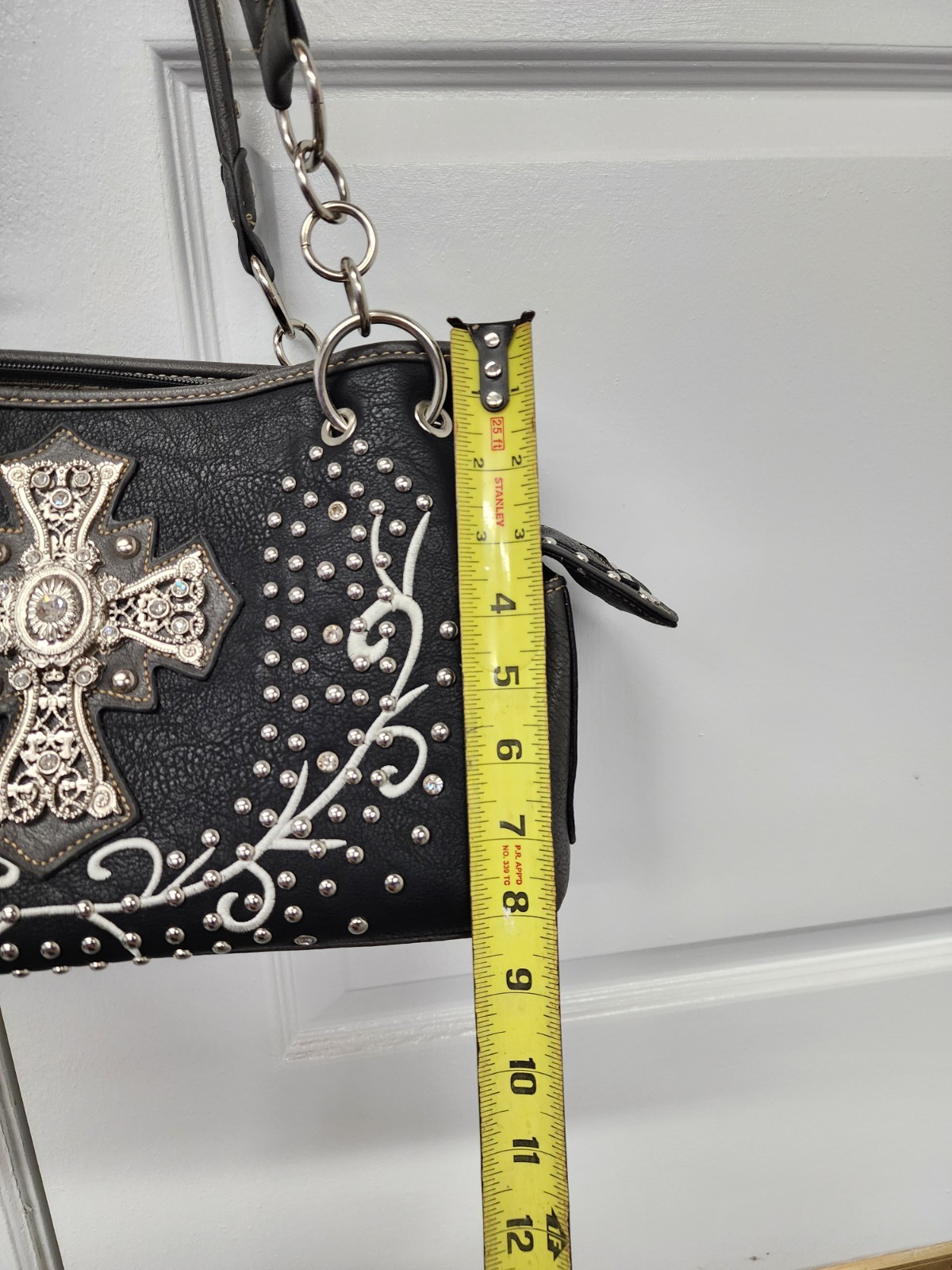 Vintage Y2K Rhinestone Cross Western Gothic Black Leather Handbag Purse