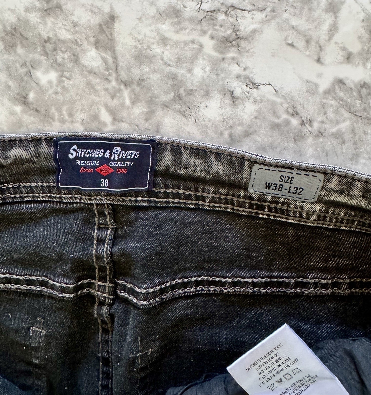 Stitches & Rivets Men’s Acid Wash Slim Fit Jeans 38W X 32L Black