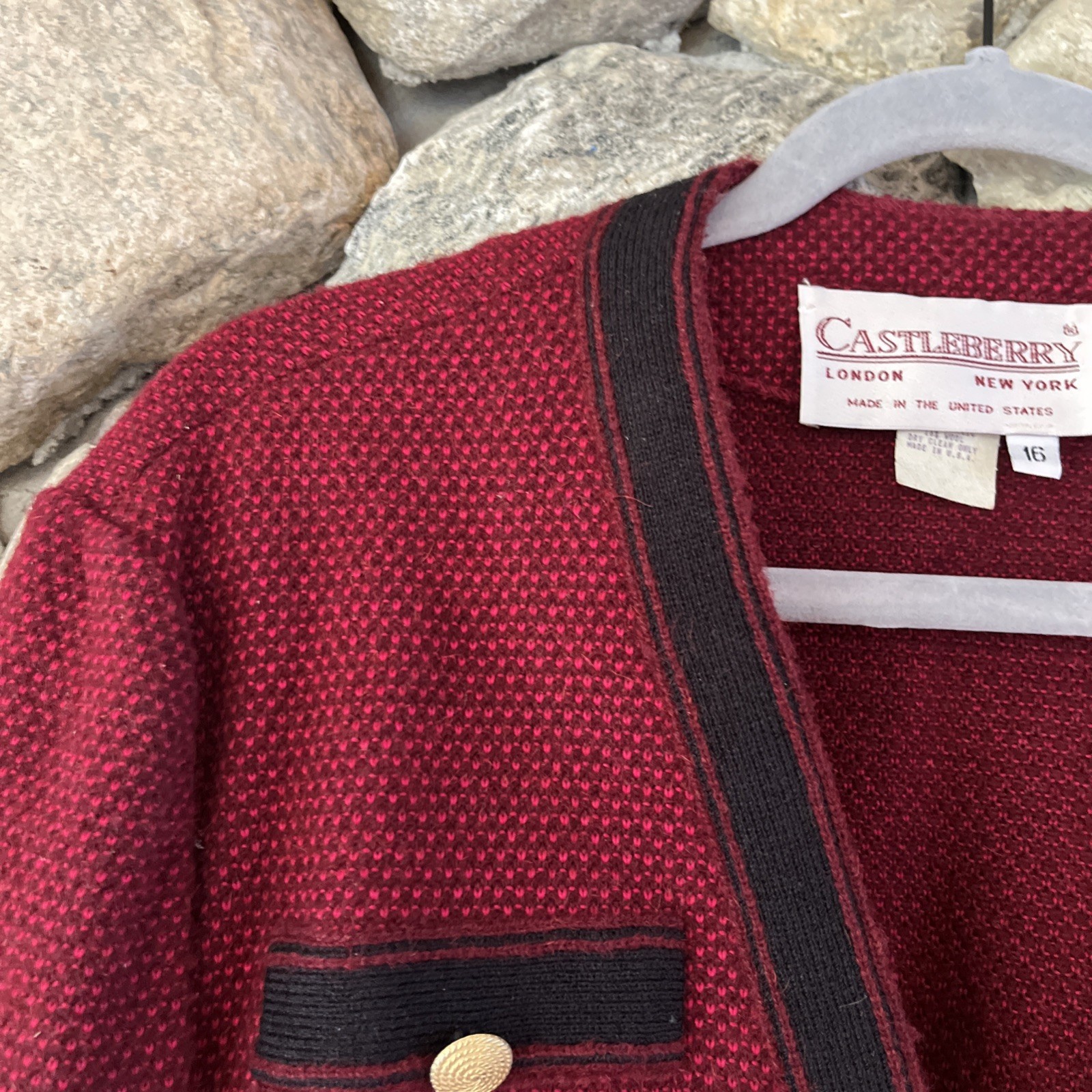 Castleberry Cranberry Red Black Knit Wool Blend Skirt Suit Set Jacket Top 3 Pcs