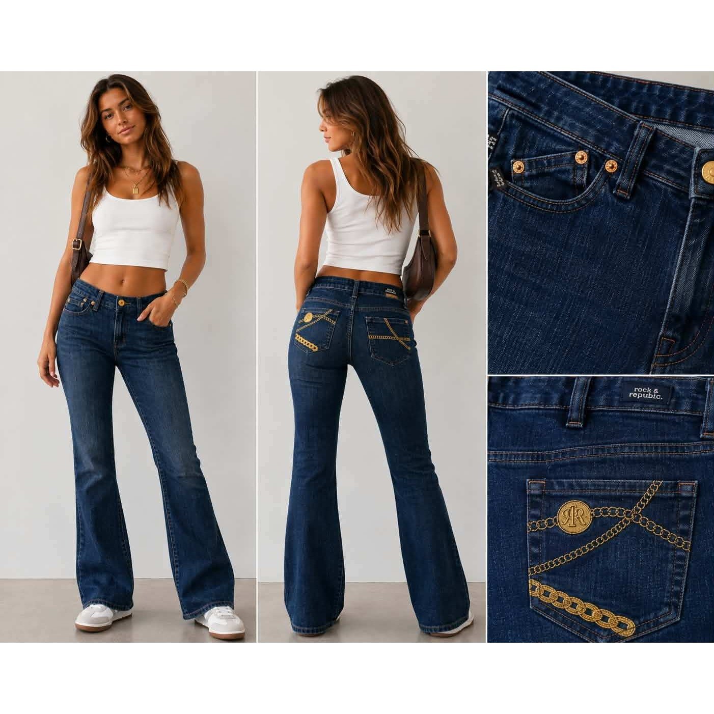 Rock & Republic Womens Dark Wash Flare Jeans Gold Chain Pocket Made in USA 27