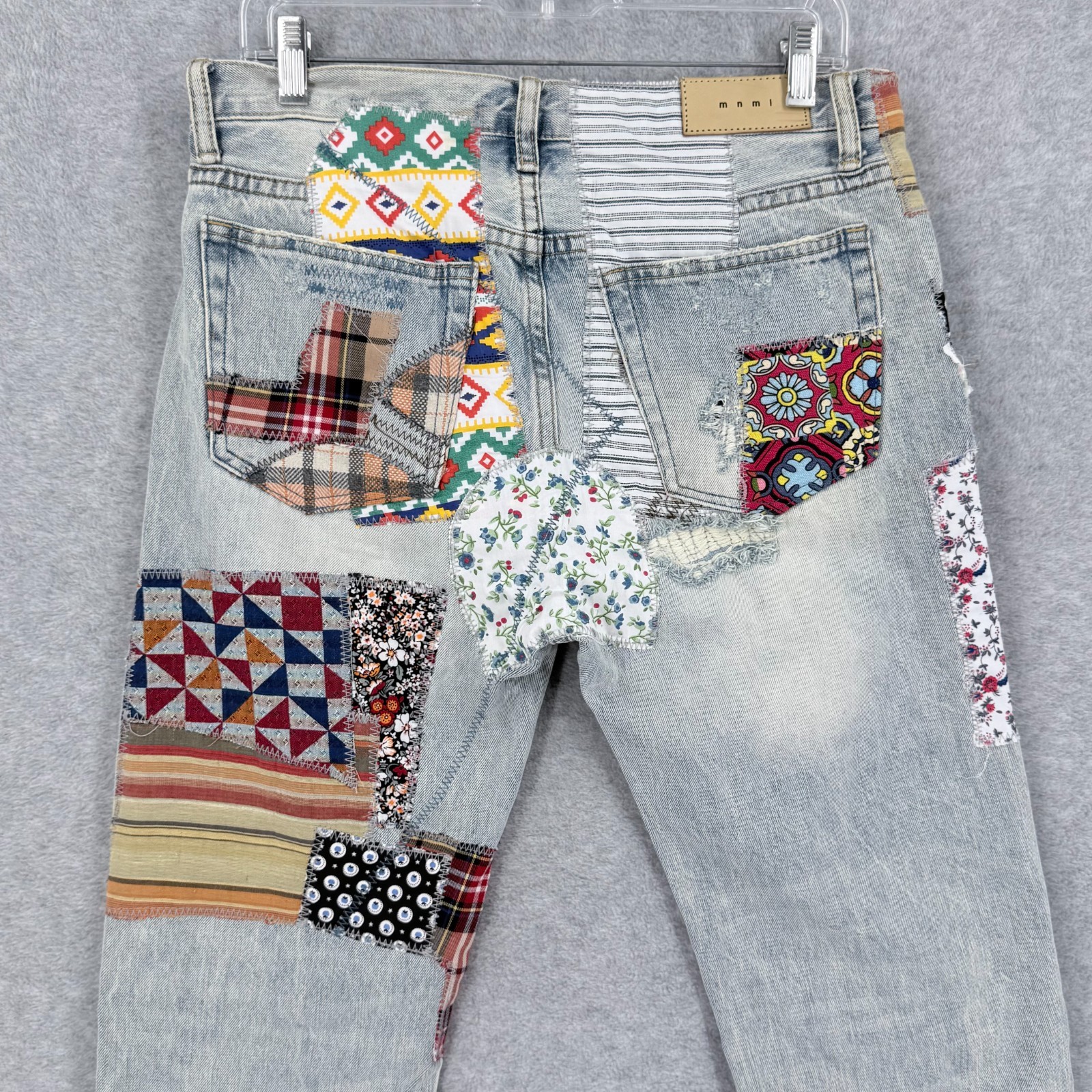 MNML V291 Jeans Patchwork Mens 30 Button Fly Y2K Denim Texture Pattern Pants