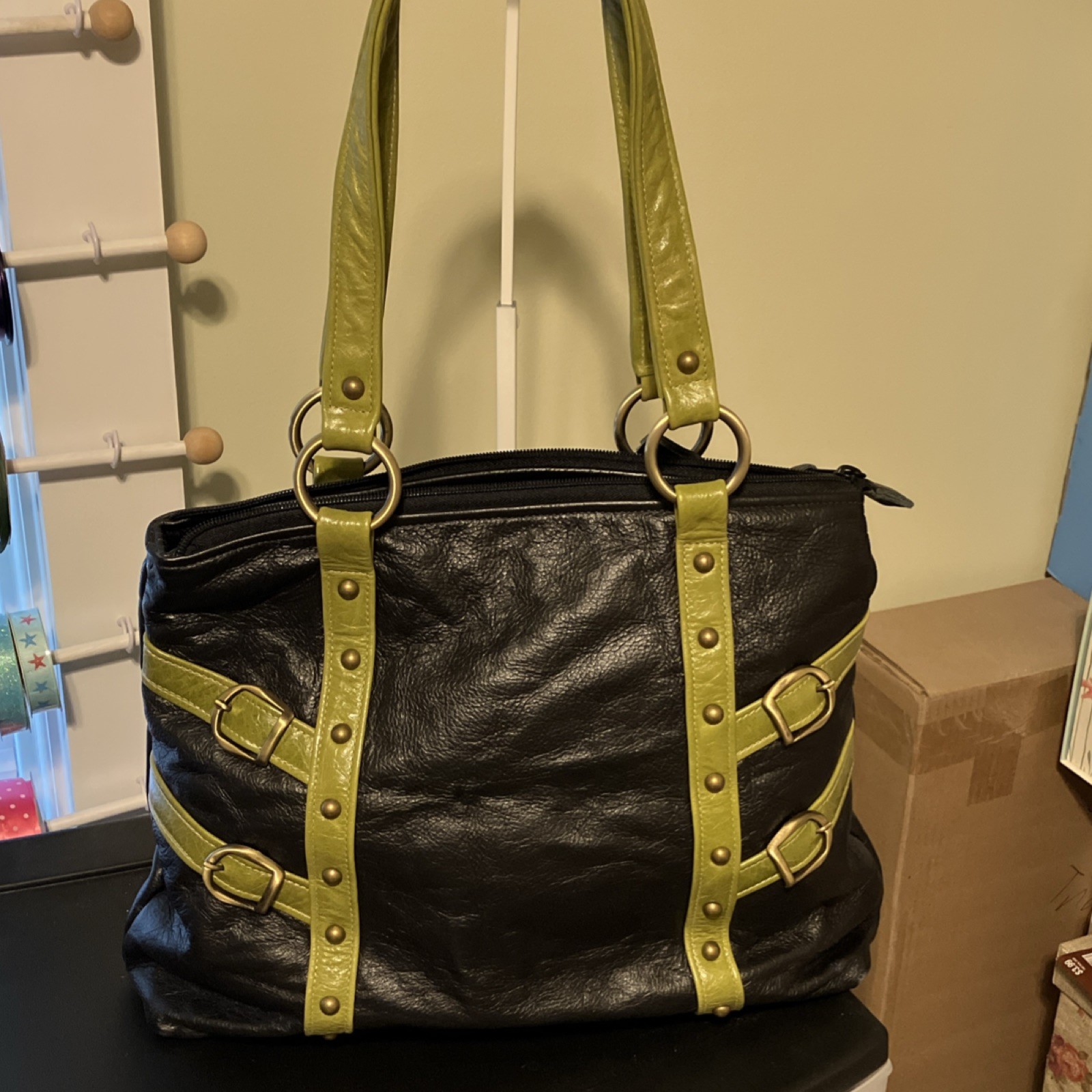 Mautto Black and Apple Green Shoulder Bag Zip Closure Buckle Studs Gold Hardware