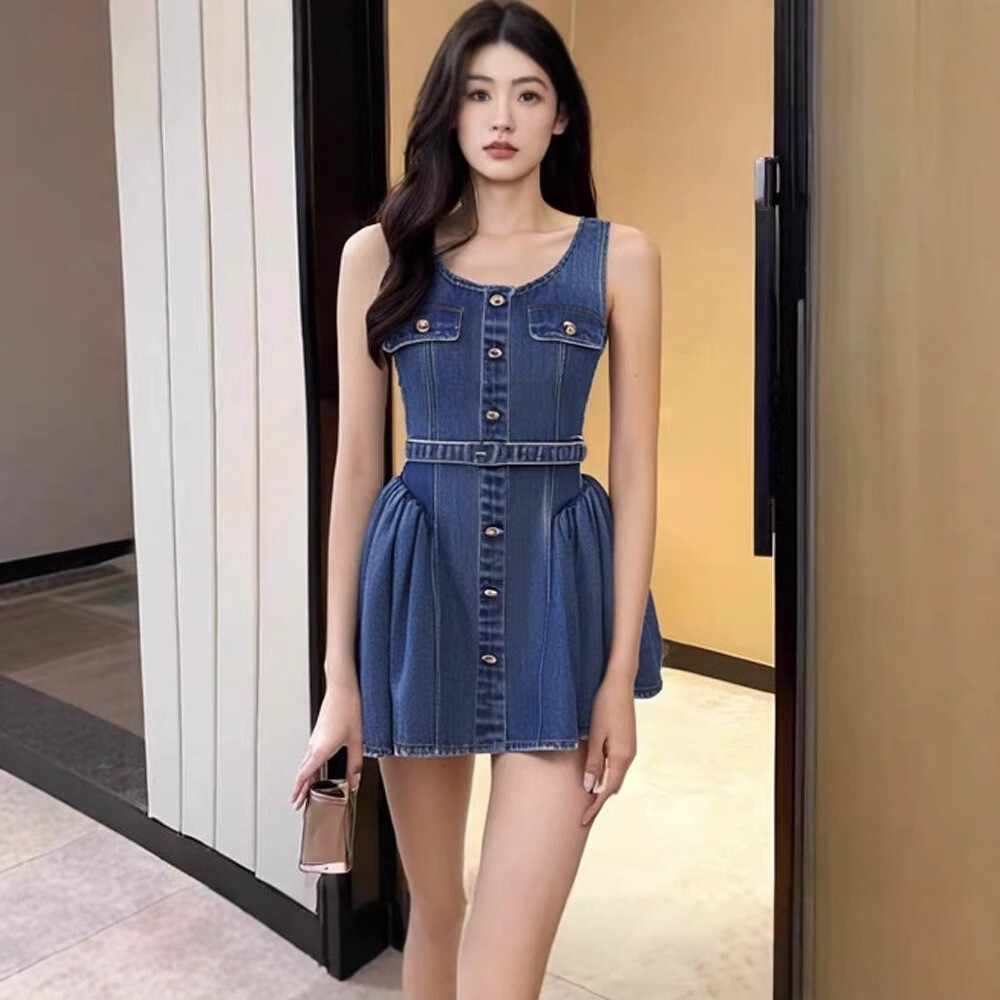 Self-Portrait Womens New Retro Sweet Waist Fluffy Sleeveless Denim Dress