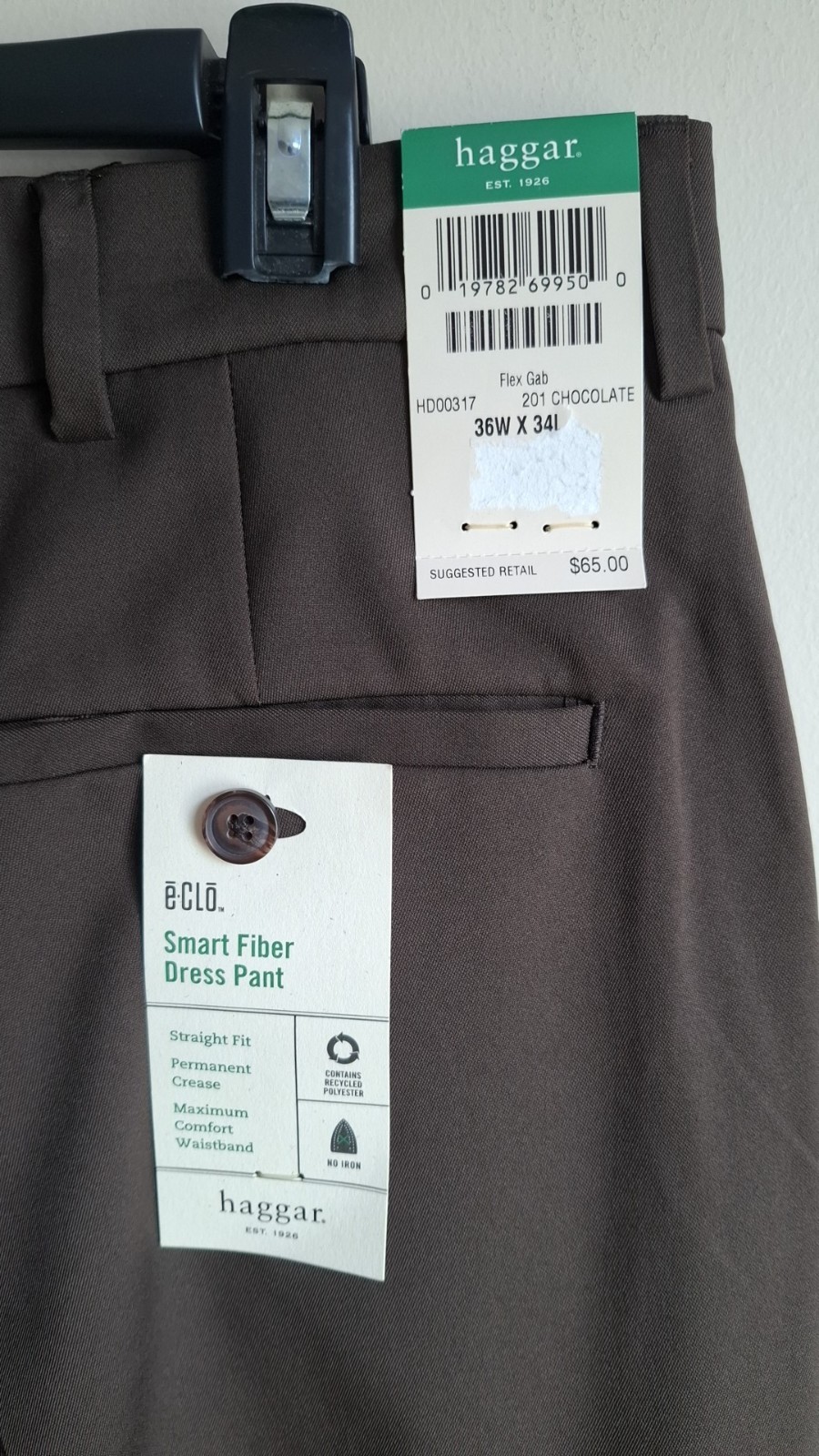 Haggar E.CLO Men’s Gabardine Dress Pants Straight Fit No Iron Brown 36W NWT