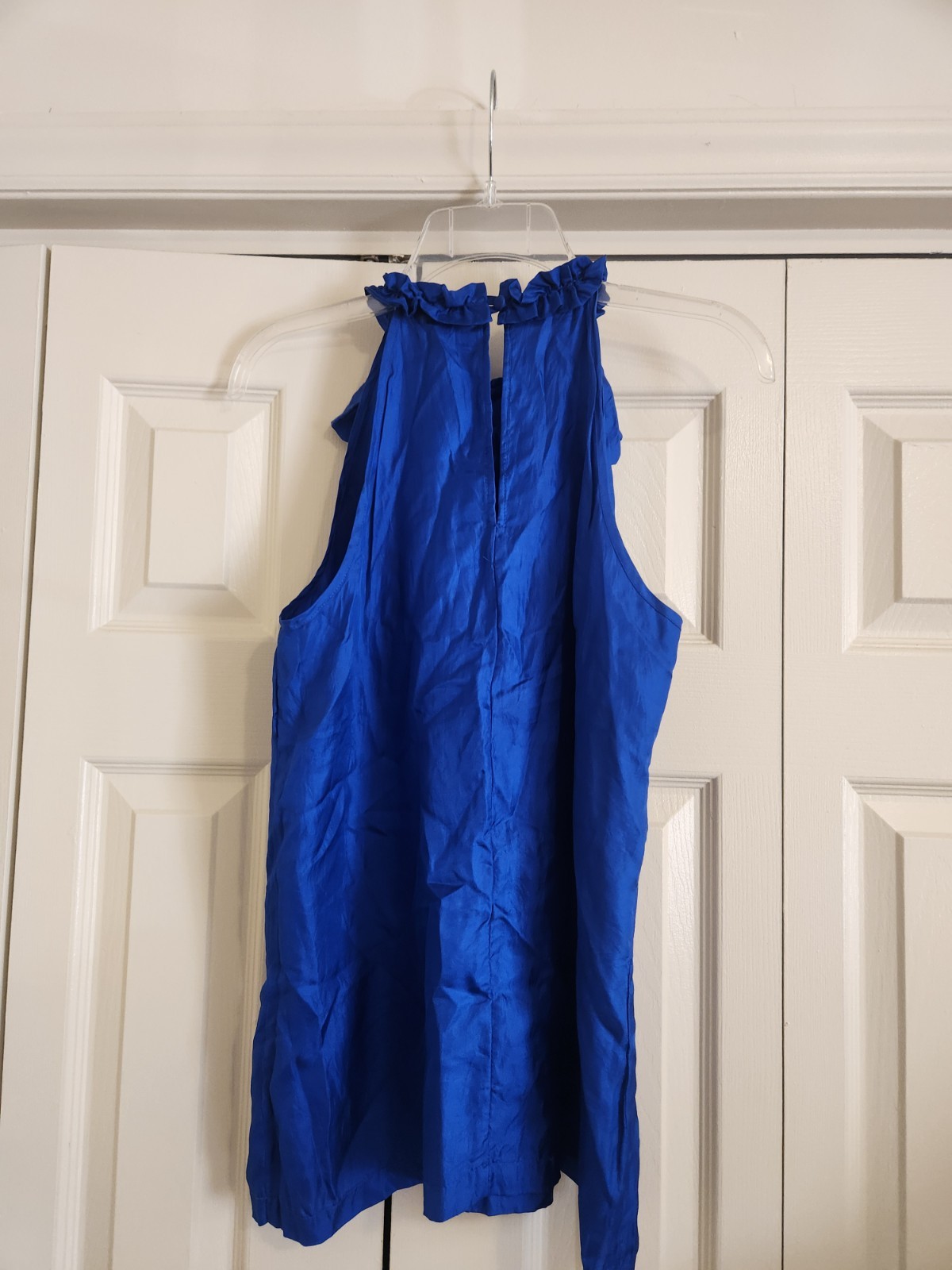 Elena Solano Womens Blue 100% Silk Pleated Ruffle Neck Blouse Size M
